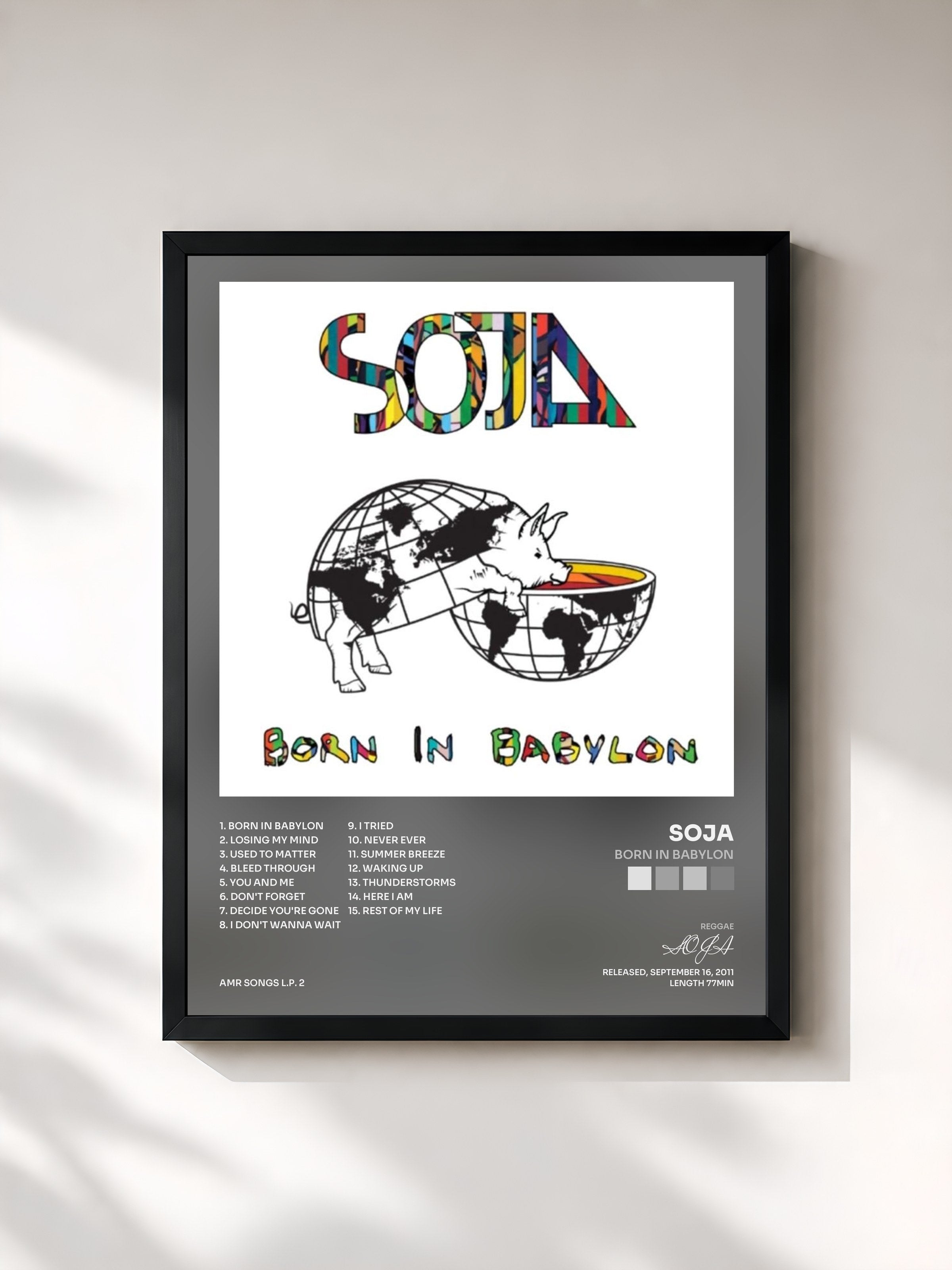 #noir Tableau de l'album Born In Babylon de SOJA, cadre noir, imprimé et encadré en France