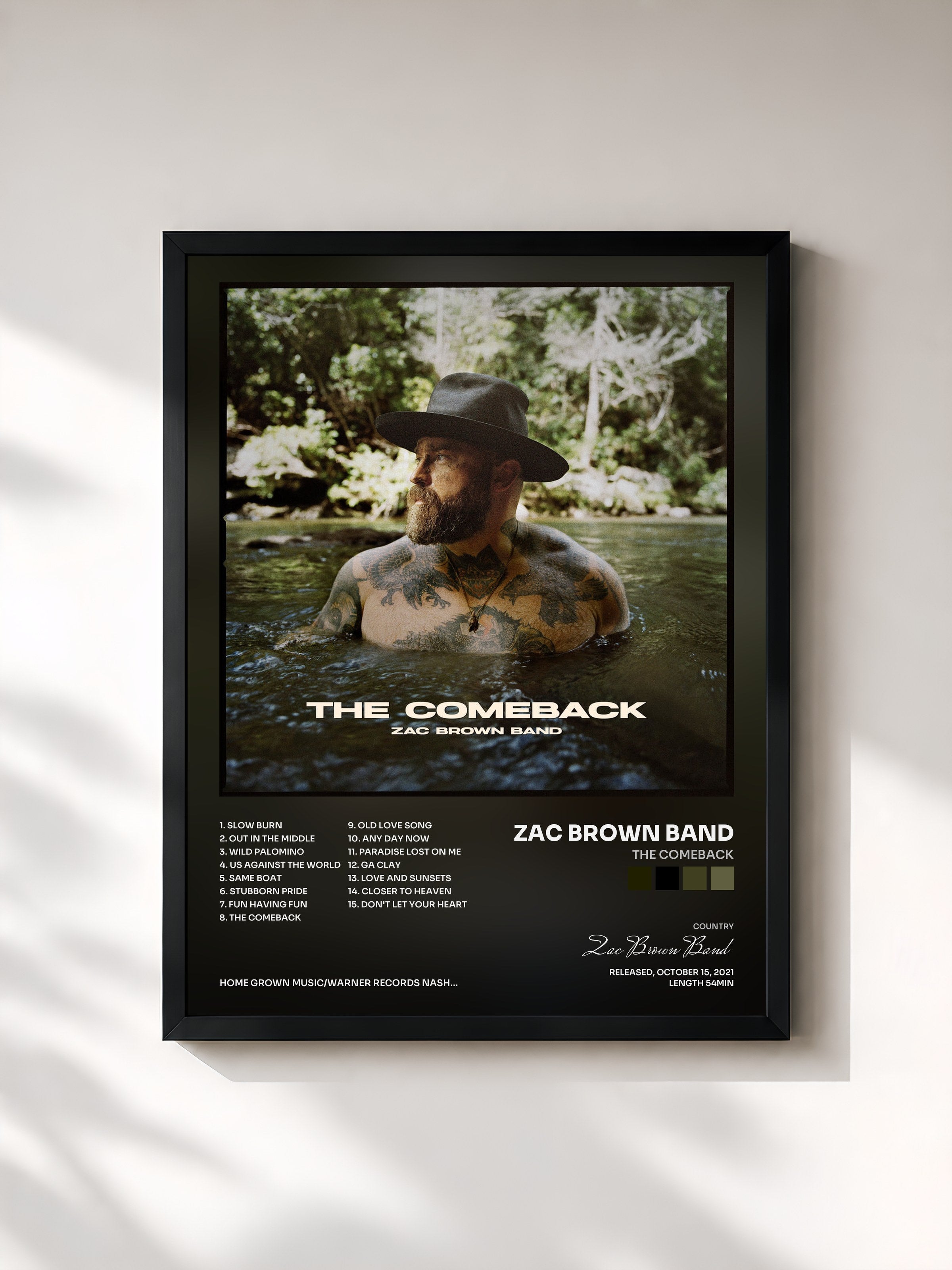 #noir Tableau de l'album The Comeback de Zac Brown Band, cadre noir, imprimé et encadré en France