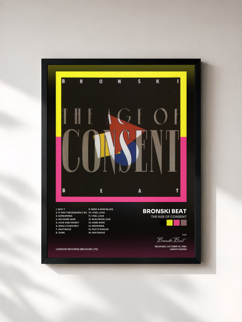 #noir Tableau de l'album The Age of Consent de Bronski Beat, cadre noir, imprimé et encadré en France