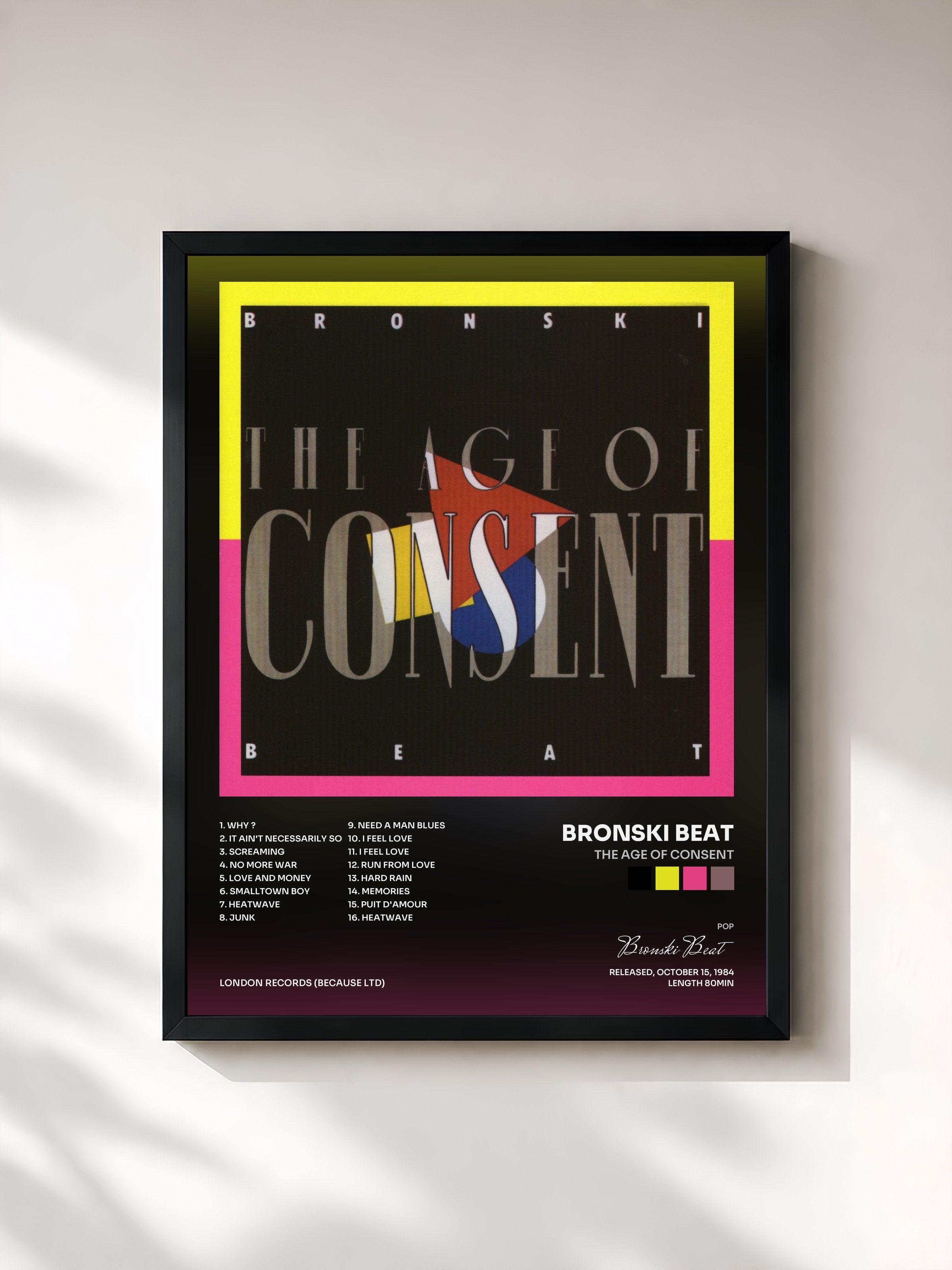 #noir Tableau de l'album The Age of Consent de Bronski Beat, cadre noir, imprimé et encadré en France