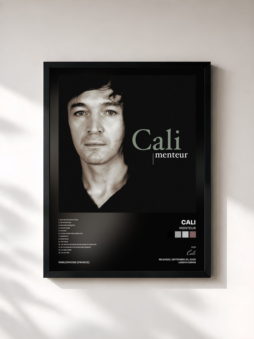 #noir Tableau de l'album Menteur de Cali, cadre noir, imprimé et encadré en France