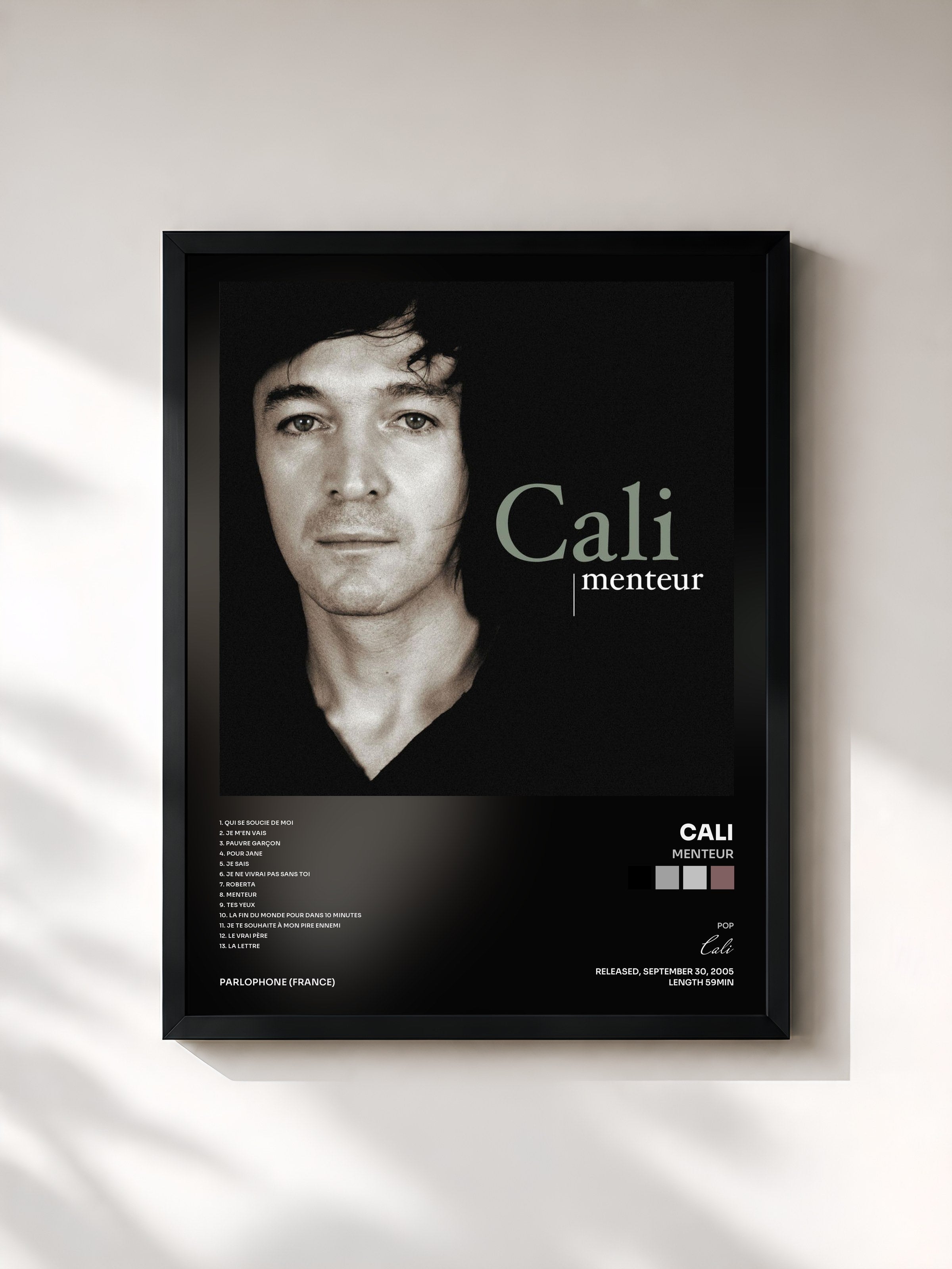 #noir Tableau de l'album Menteur de Cali, cadre noir, imprimé et encadré en France