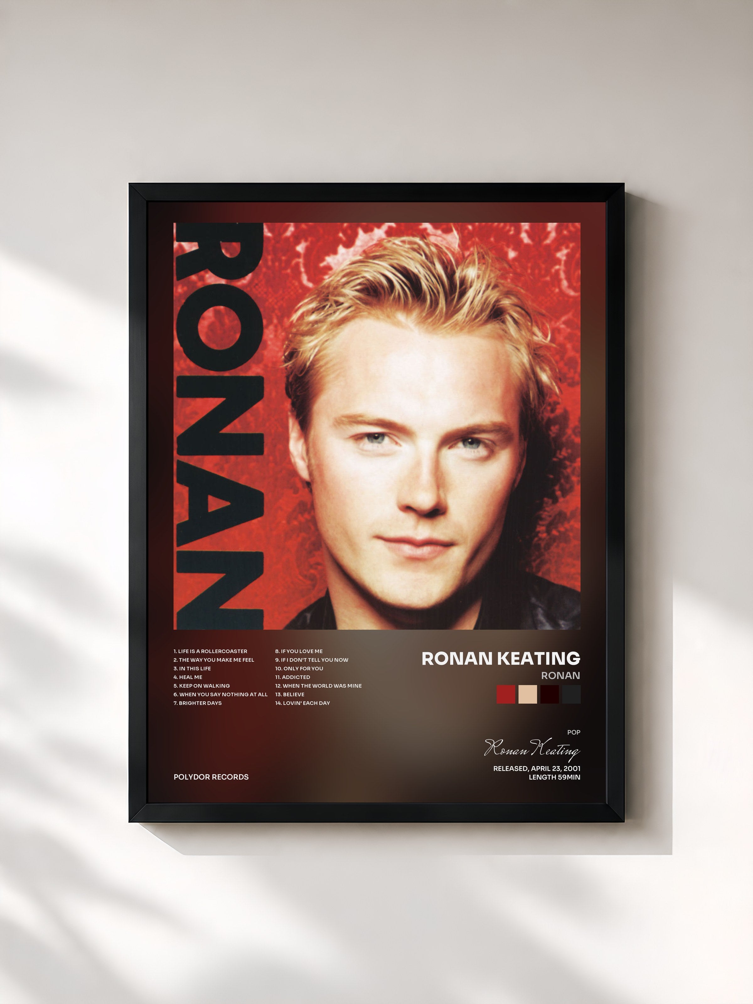#noir Tableau de l'album Ronan de Ronan Keating, cadre noir, imprimé et encadré en France
