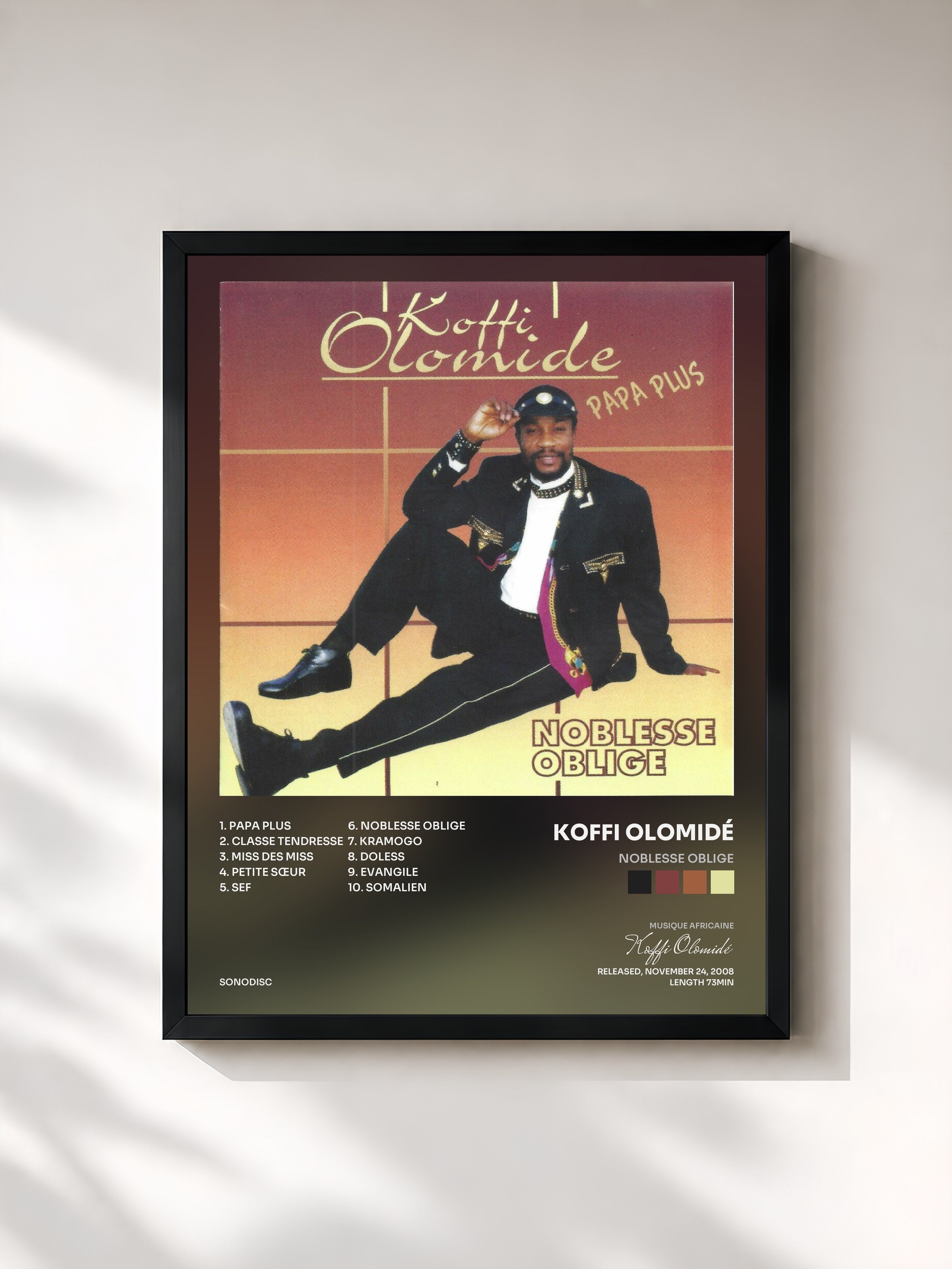 #noir Tableau de l'album Noblesse oblige de Koffi Olomidé, cadre noir, imprimé et encadré en France