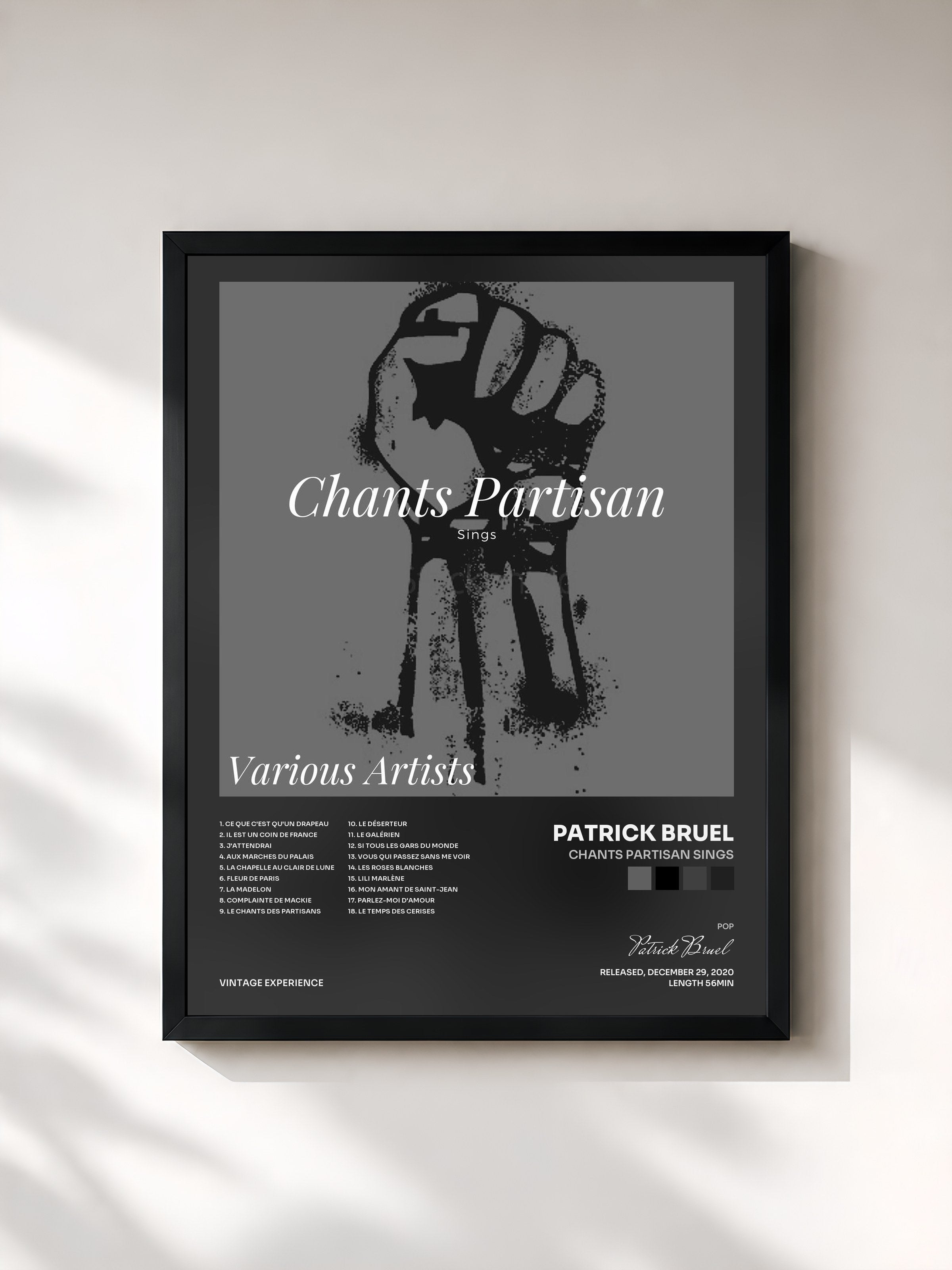 #noir Tableau de l'album Chants Partisan Sings de Patrick Bruel, cadre noir, imprimé et encadré en France