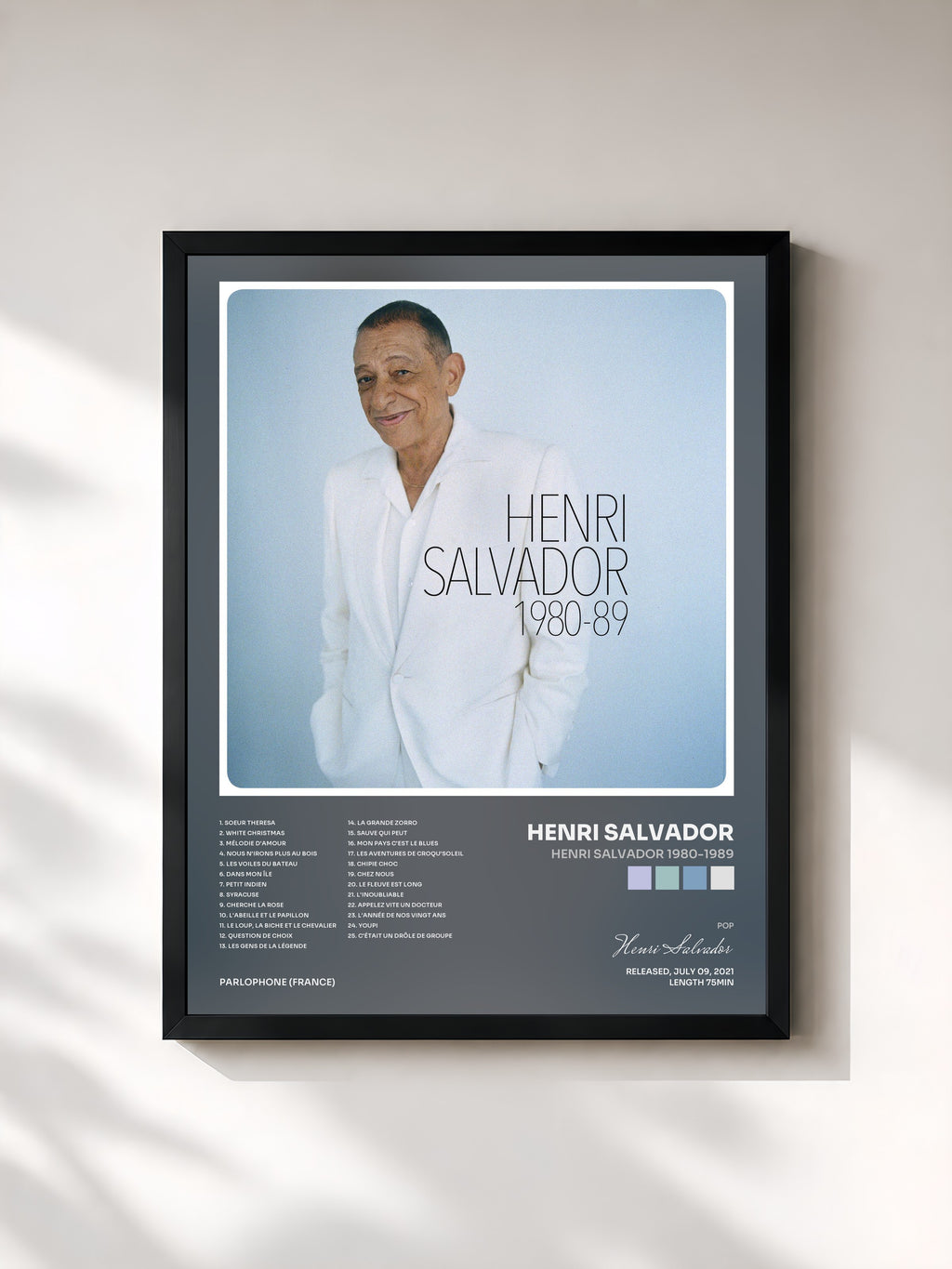 #noir Henri Salvador 1980-1989 de Henri Salvador en lámina enmarcada, marco negro, impresa y enmarcada en Francia