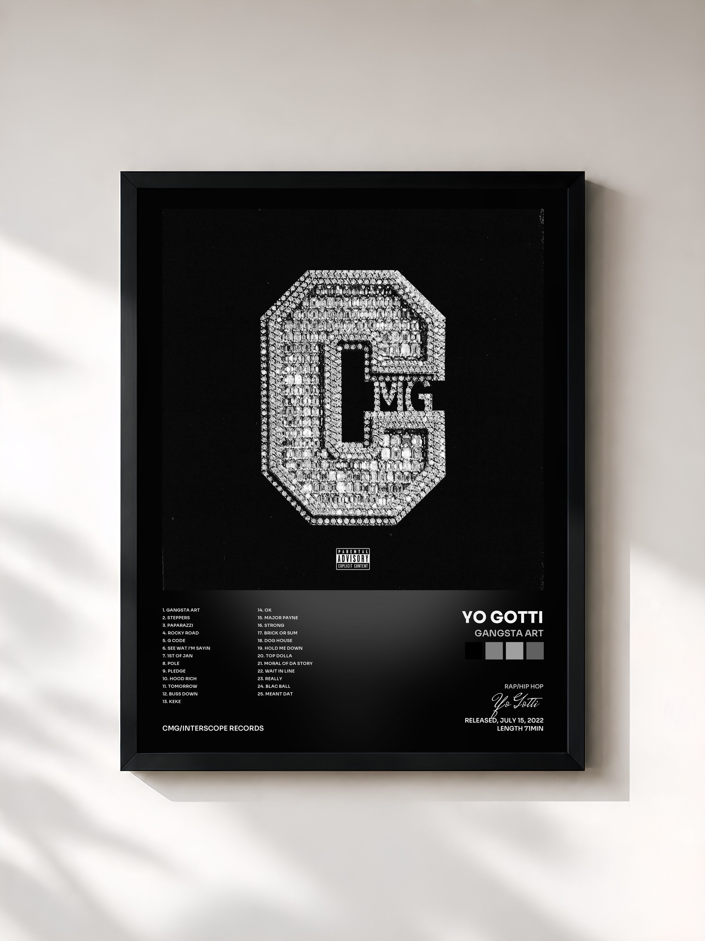 #noir Tableau de l'album Gangsta Art de Yo Gotti, cadre noir, imprimé et encadré en France