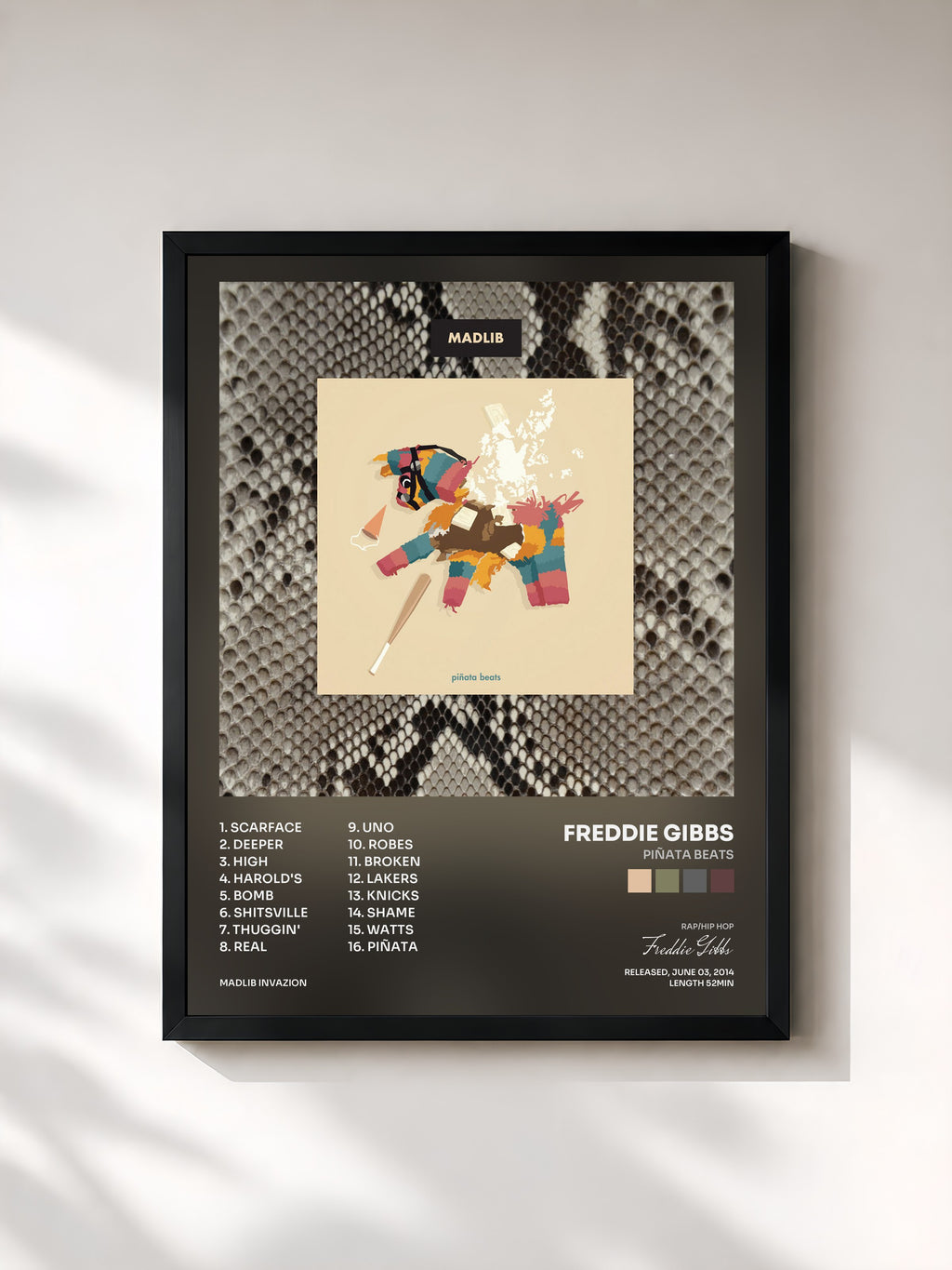 #noir Tableau de l'album Piñata Beats de Freddie Gibbs, cadre noir, imprimé et encadré en France