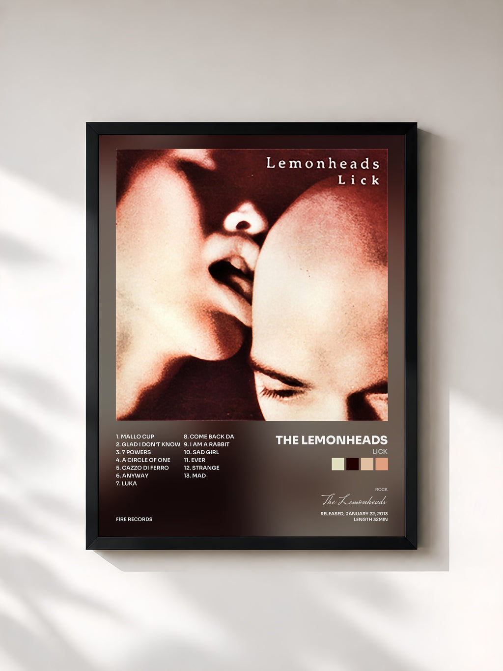 #noir Tableau de l'album Lick de The Lemonheads, cadre noir, imprimé et encadré en France