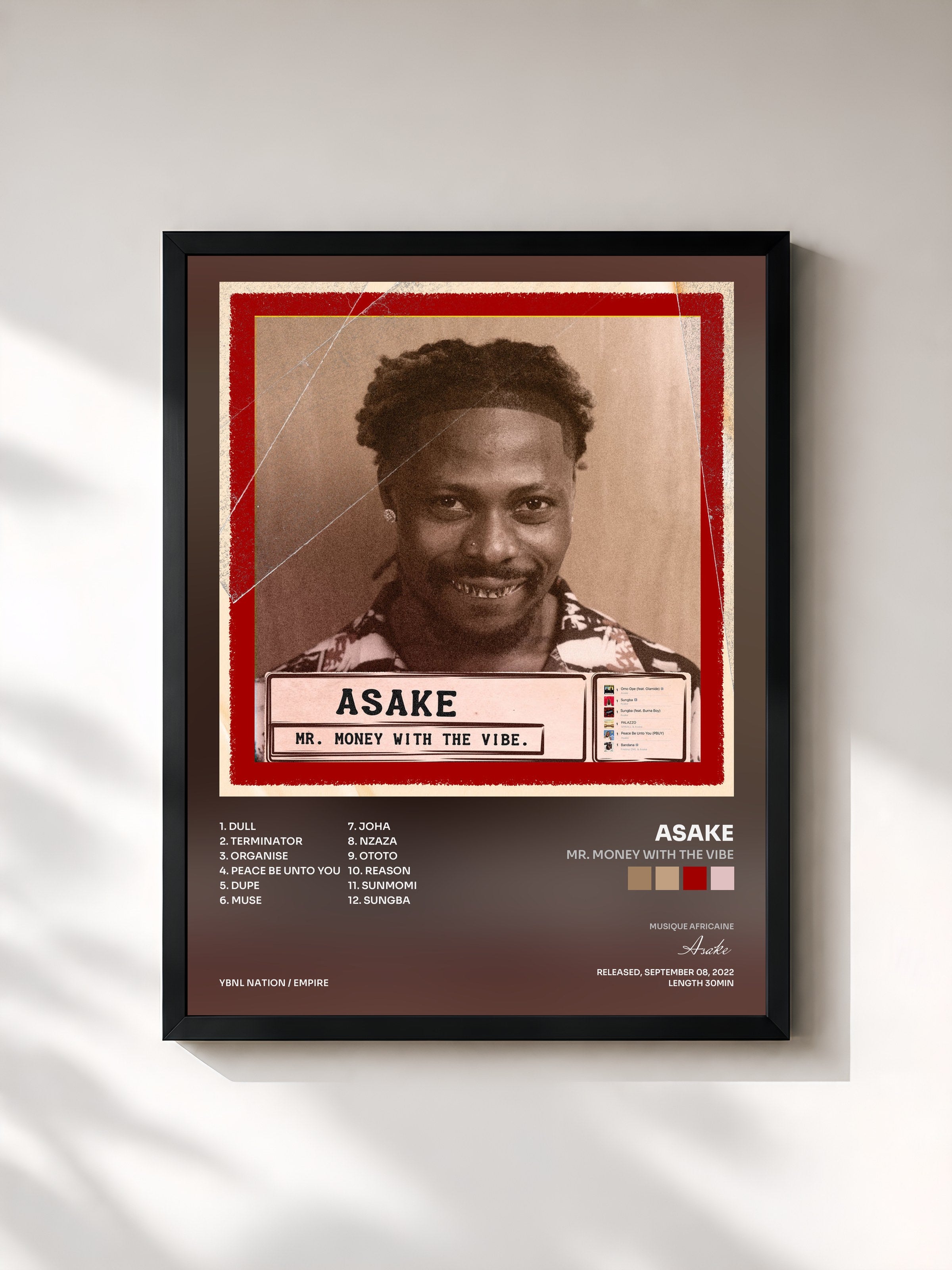 #noir Tableau de l'album Mr. Money With The Vibe de Asake, cadre noir, imprimé et encadré en France