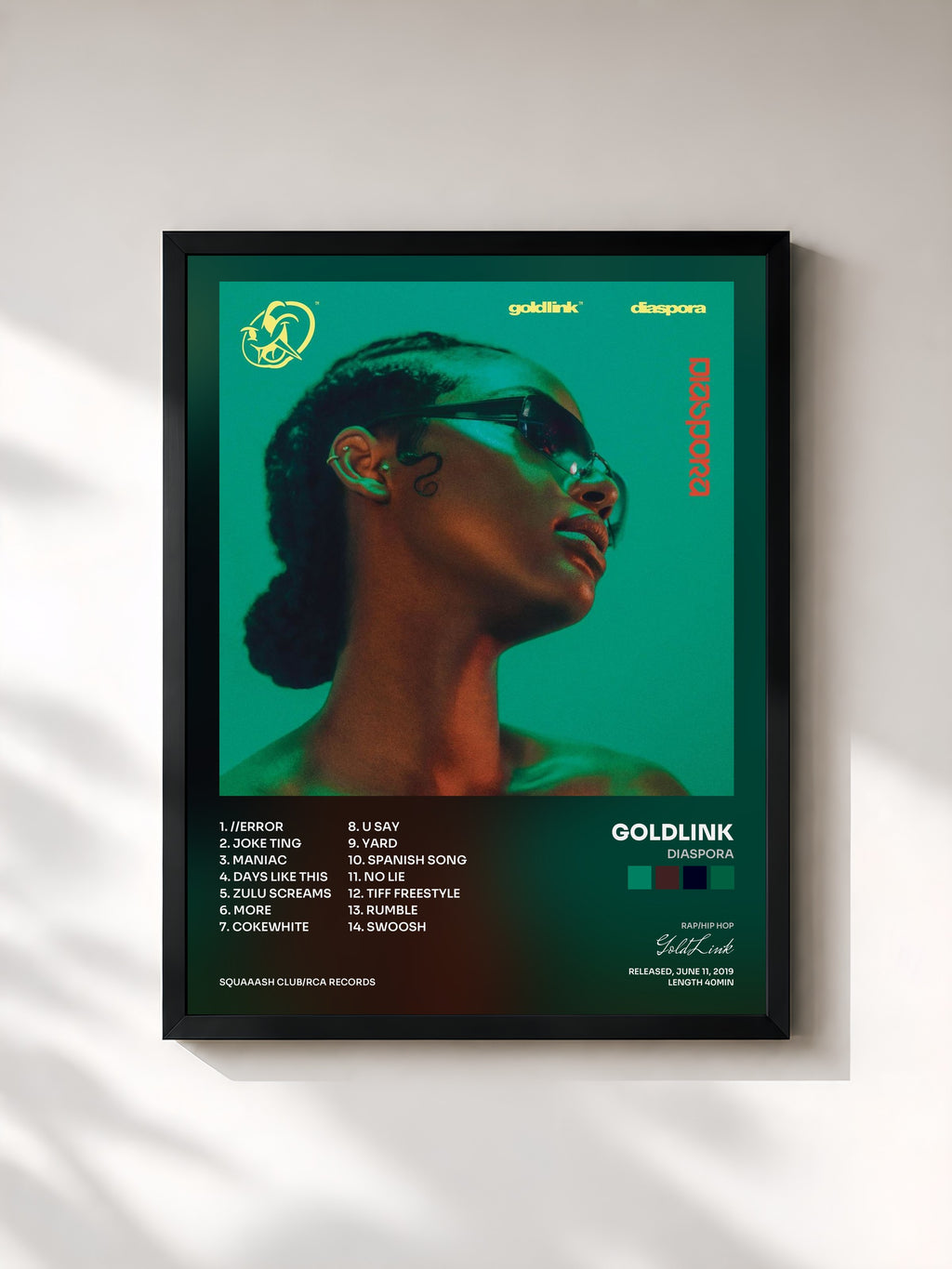 #noir Tableau de l'album Diaspora de GoldLink, cadre noir, imprimé et encadré en France