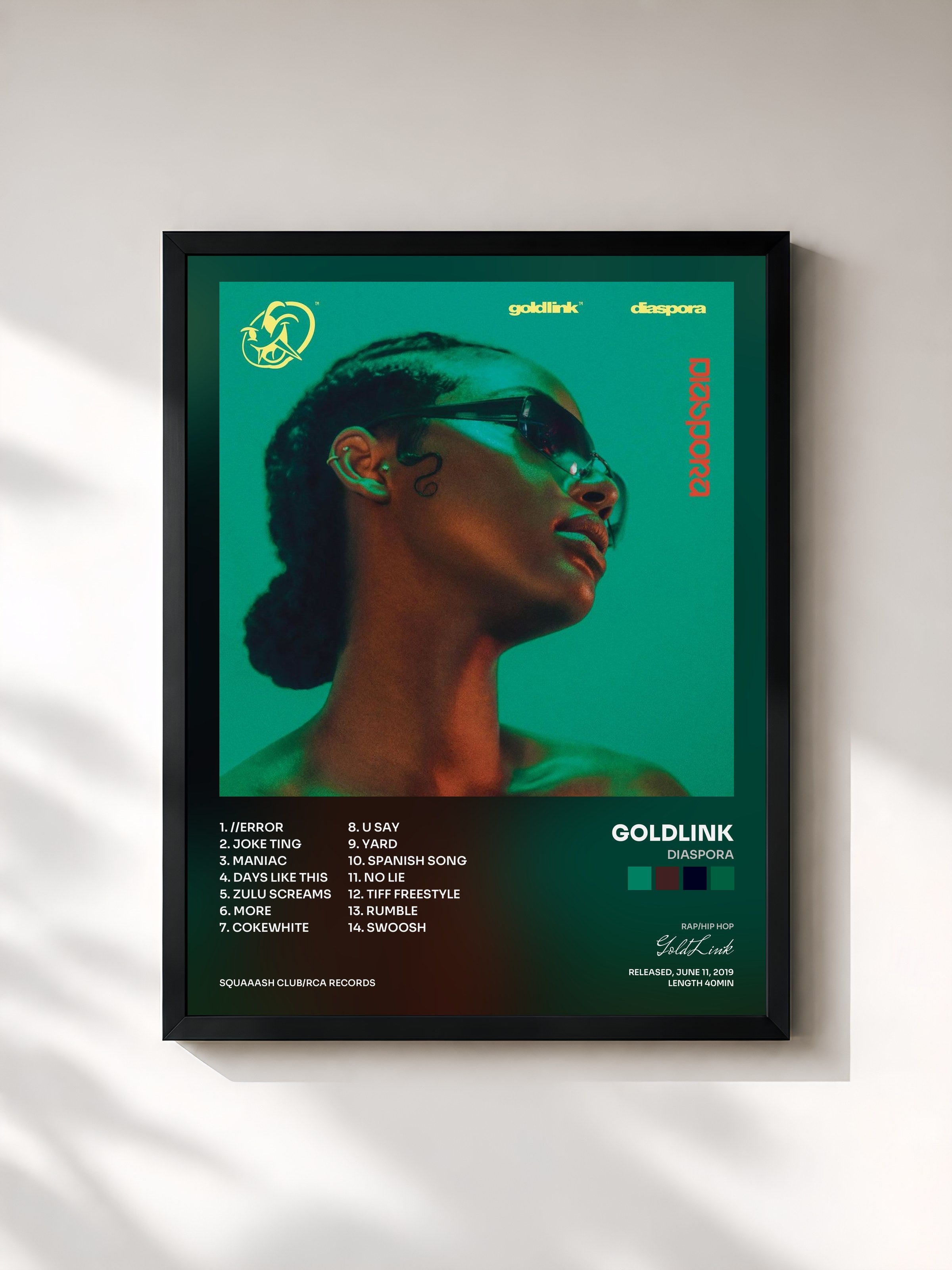 #noir Tableau de l'album Diaspora de GoldLink, cadre noir, imprimé et encadré en France