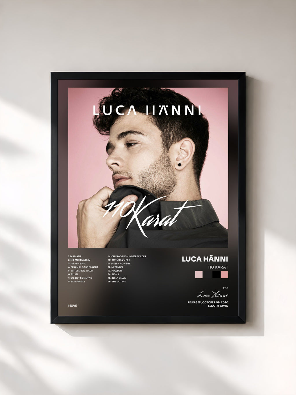 #noir Tableau de l'album 110 Karat de Luca Hänni, cadre noir, imprimé et encadré en France
