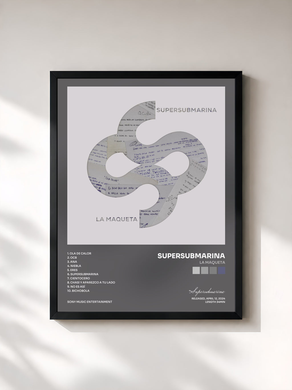 #noir Tableau de l'album La Maqueta de Supersubmarina, cadre noir, imprimé et encadré en France