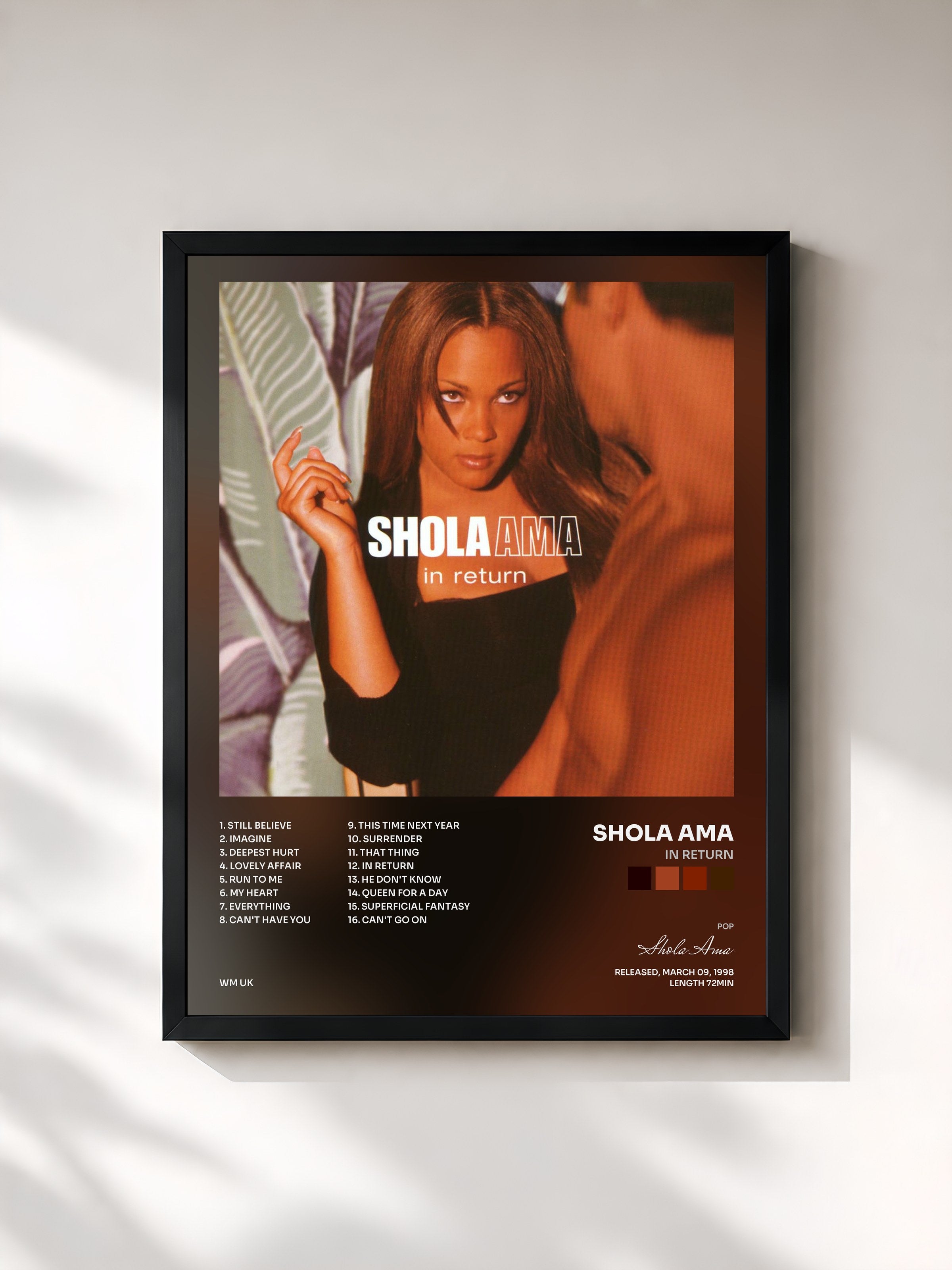 #noir Tableau de l'album In Return de Shola Ama, cadre noir, imprimé et encadré en France