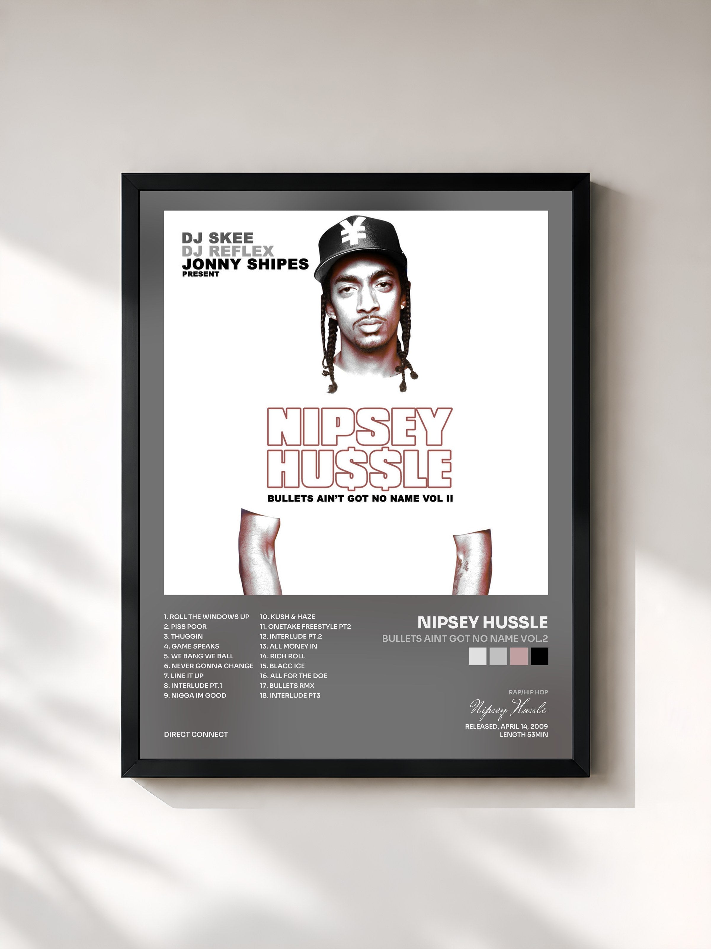 #noir Tableau de l'album Bullets Aint Got No Name Vol.2 de Nipsey Hussle, cadre noir, imprimé et encadré en France