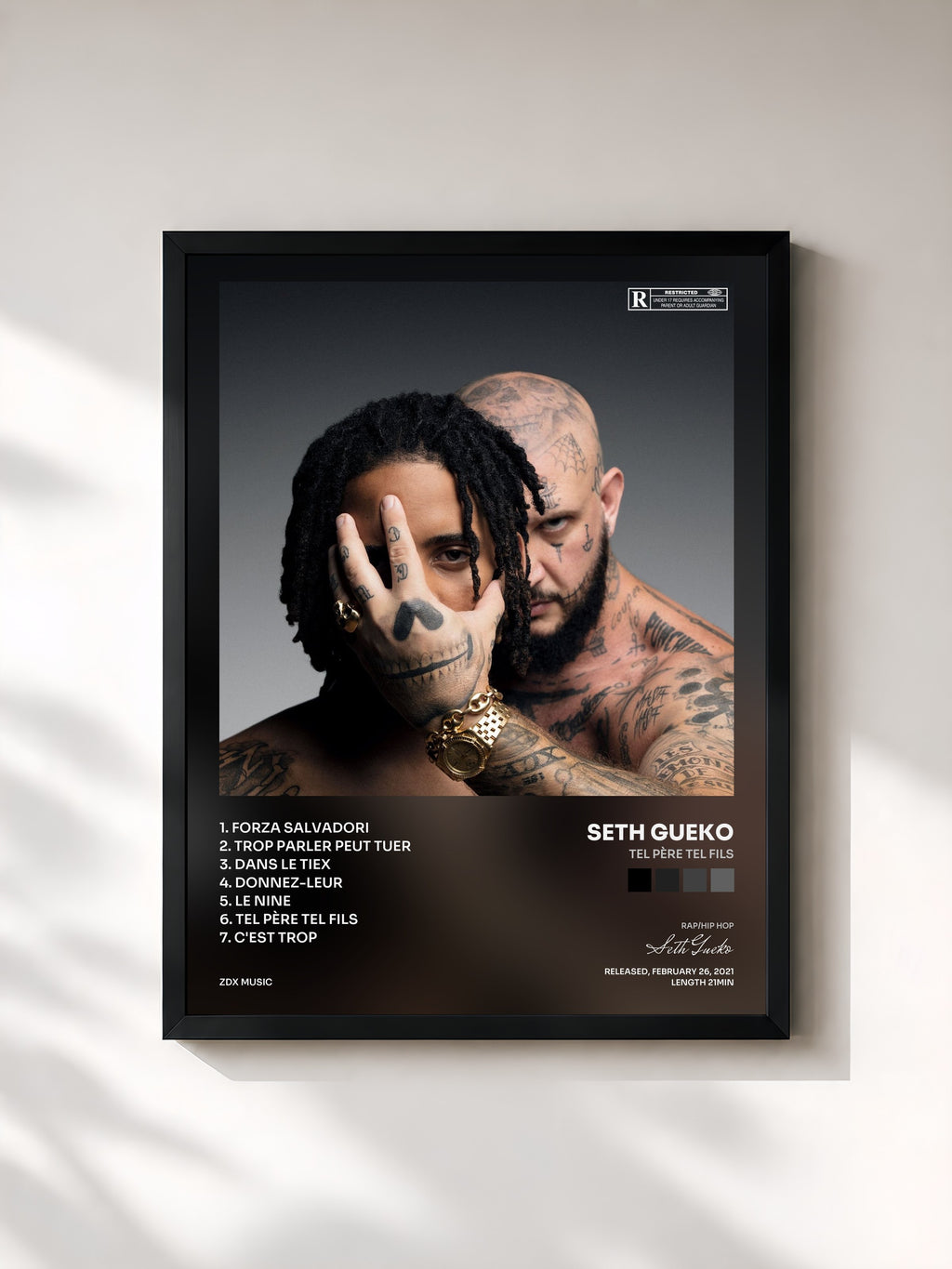 #noir Tableau de l'album Tel père tel fils de Seth Gueko, cadre noir, imprimé et encadré en France