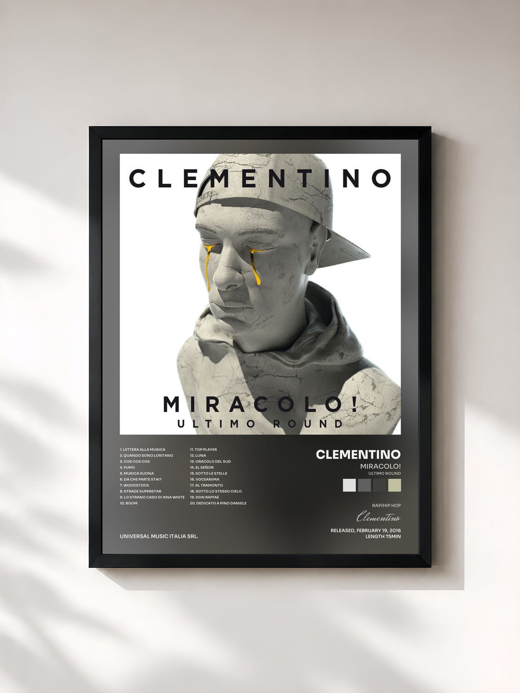 #noir Tableau de l'album Miracolo! (Ultimo Round) de Clementino, cadre noir, imprimé et encadré en France