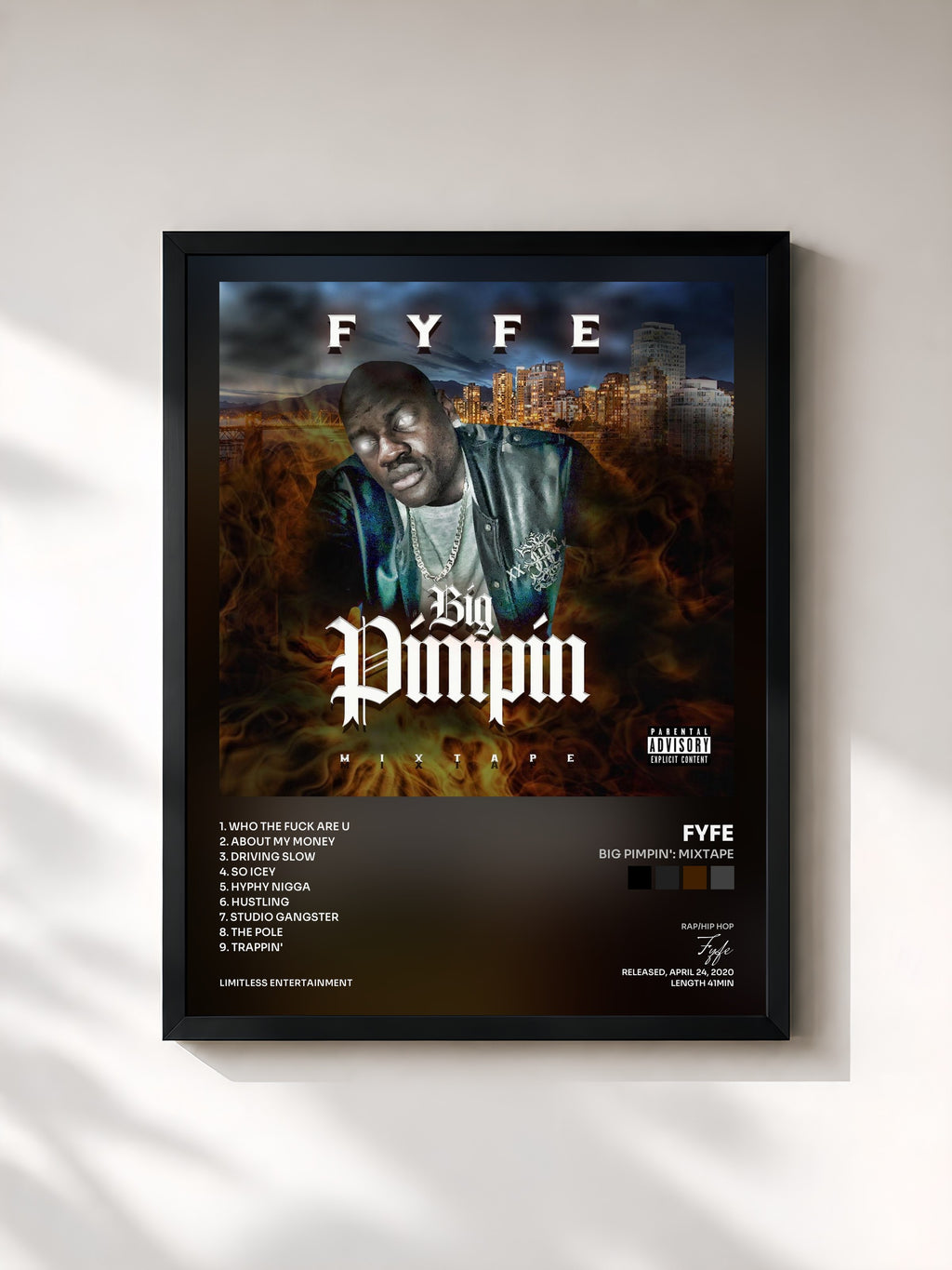 #noir Tableau de l'album Big Pimpin': Mixtape de Fyfe, cadre noir, imprimé et encadré en France