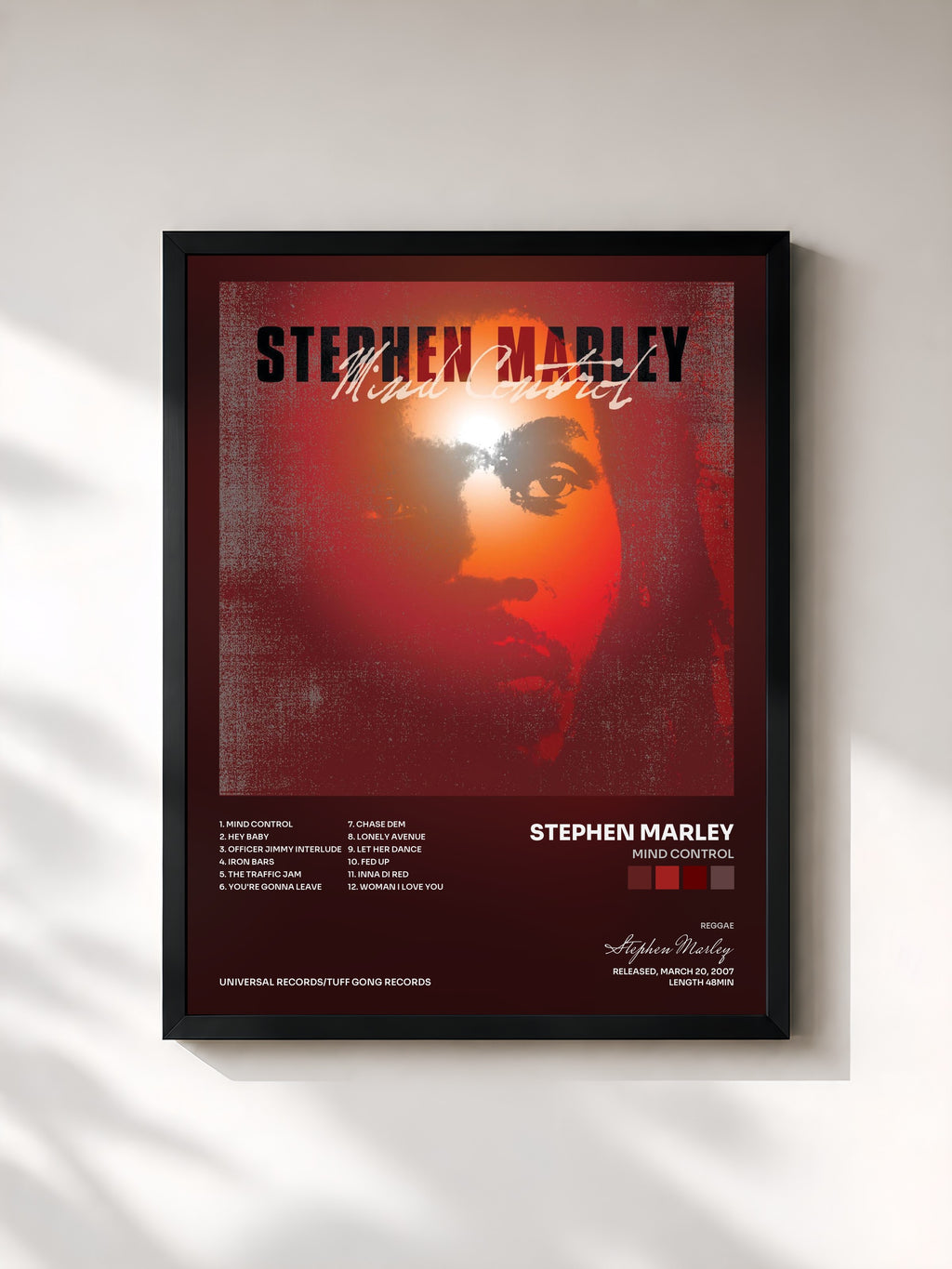 #noir Tableau de l'album Mind Control de Stephen Marley, cadre noir, imprimé et encadré en France