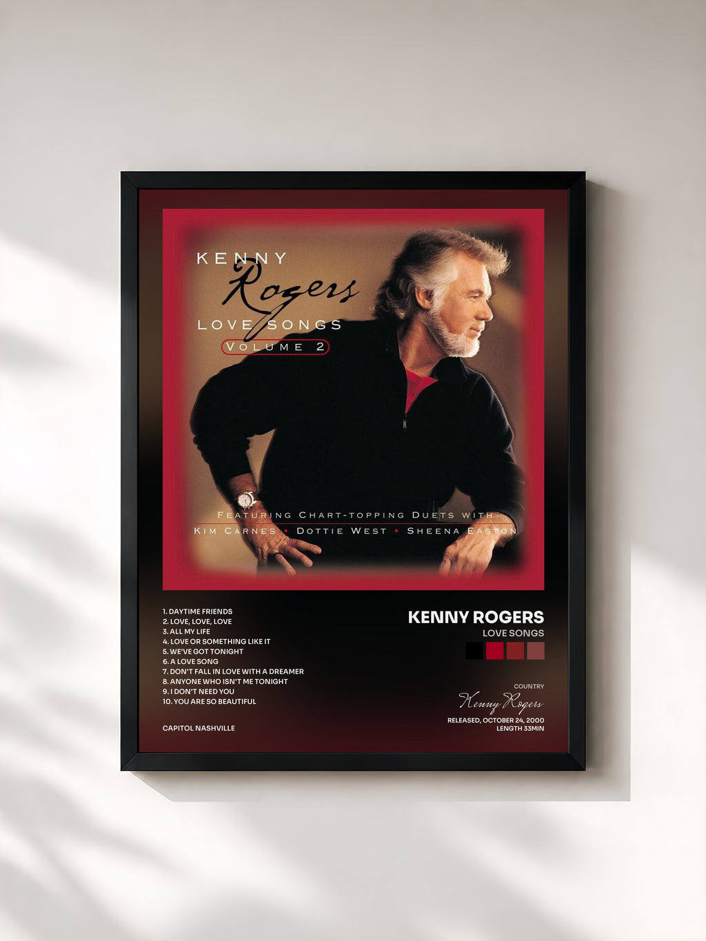 #noir Tableau de l'album Love Songs de Kenny Rogers, cadre noir, imprimé et encadré en France