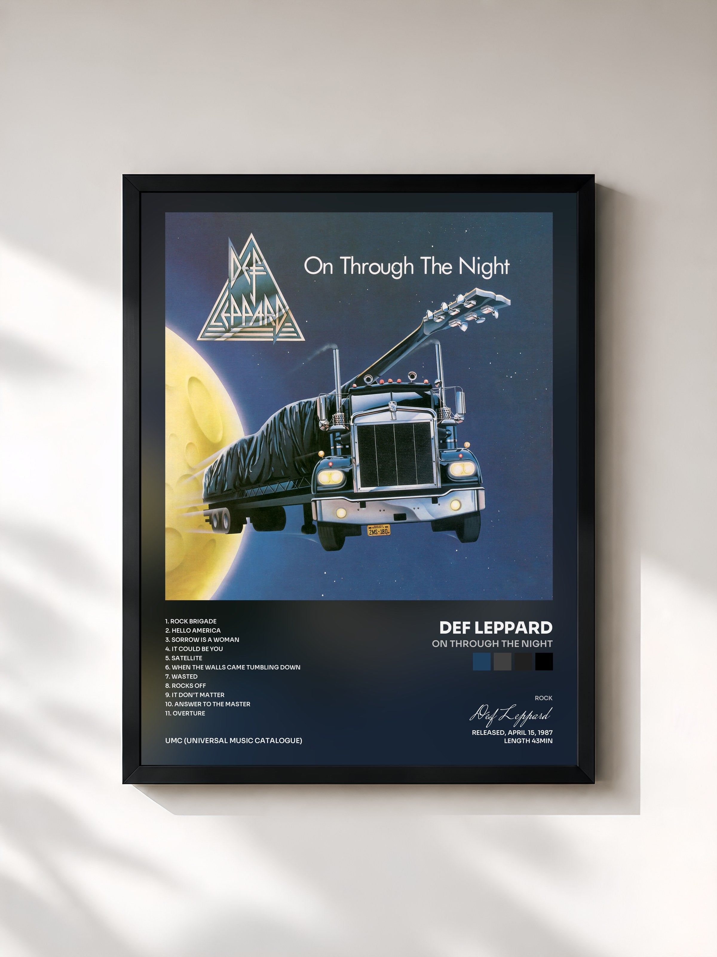 #noir Tableau de l'album On Through The Night de Def Leppard, cadre noir, imprimé et encadré en France