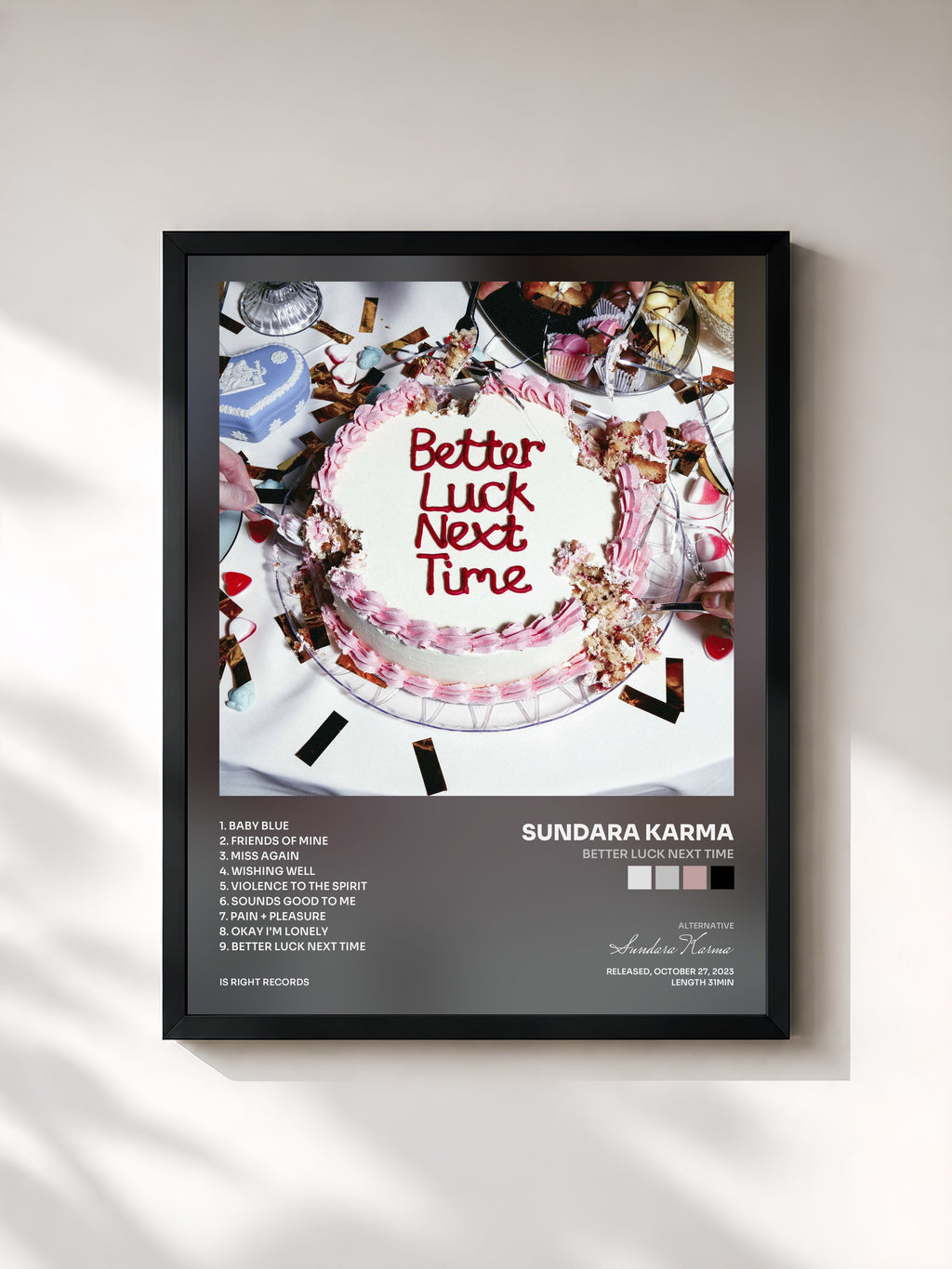 #noir Tableau de l'album Better Luck Next Time de Sundara Karma, cadre noir, imprimé et encadré en France
