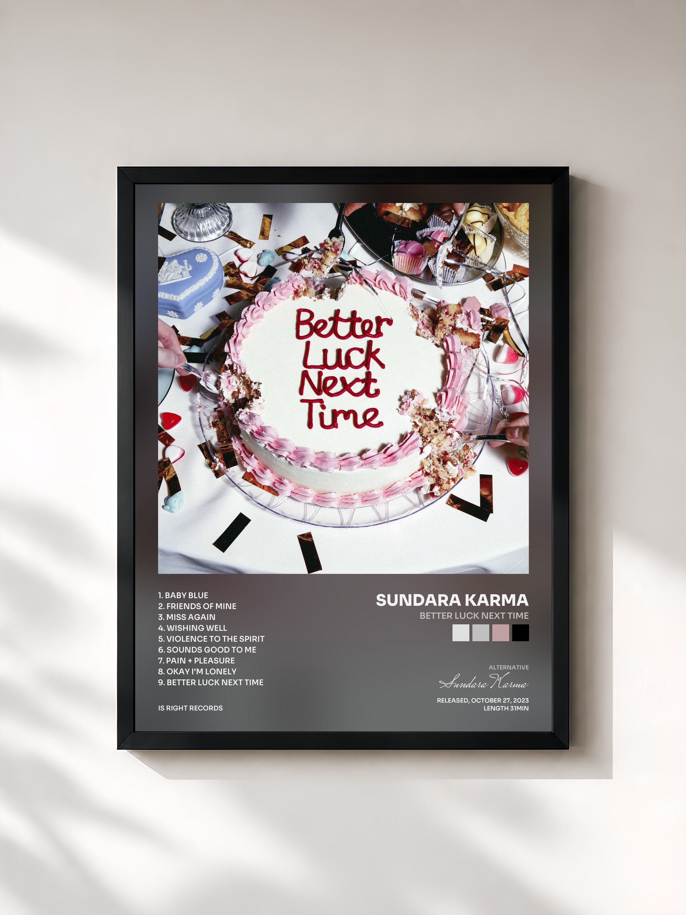 #noir Tableau de l'album Better Luck Next Time de Sundara Karma, cadre noir, imprimé et encadré en France