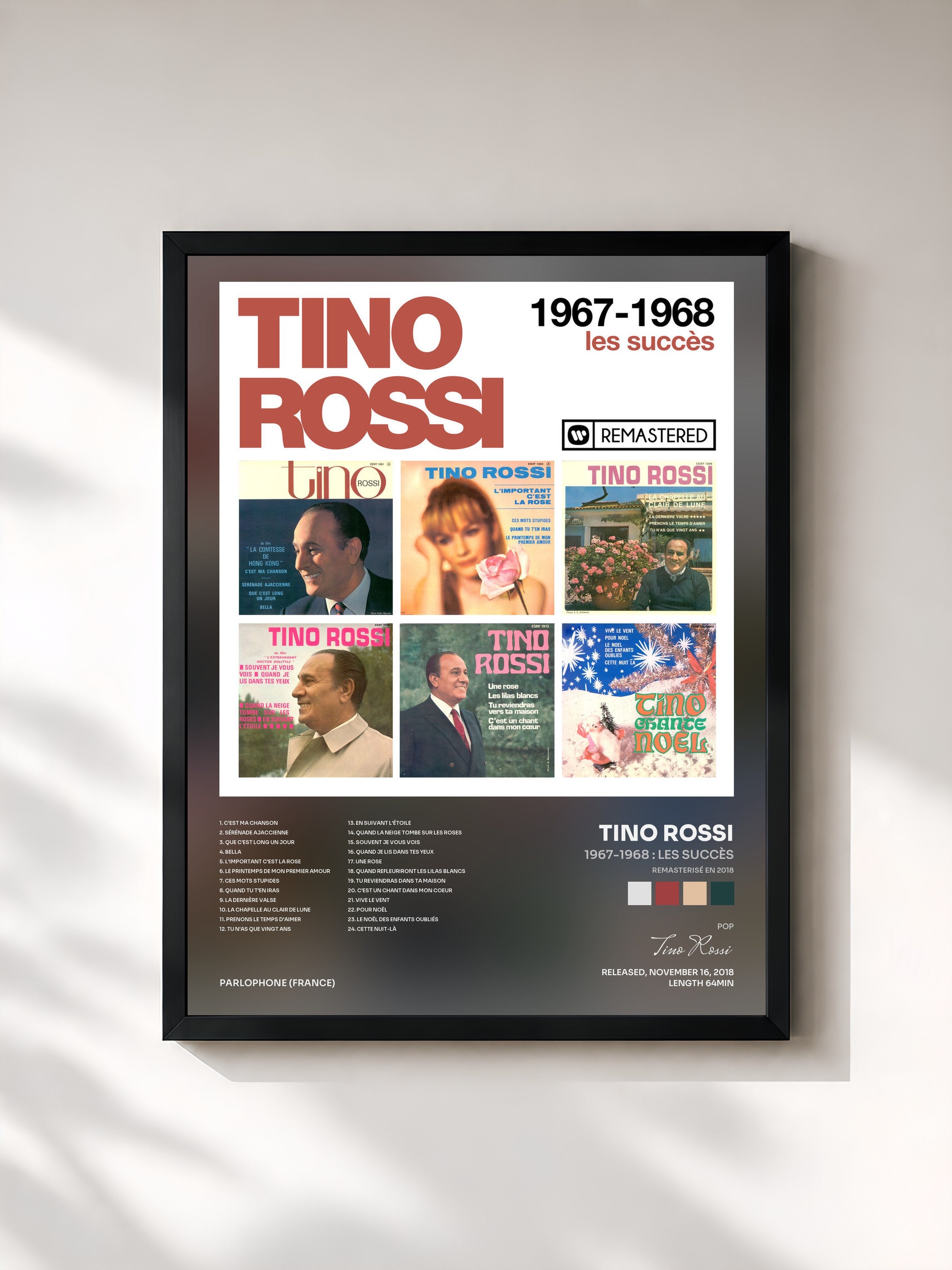 #noir Tableau de l'album 1967-1968 : Les succès (Remasterisé en 2018) de Tino Rossi, cadre noir, imprimé et encadré en France