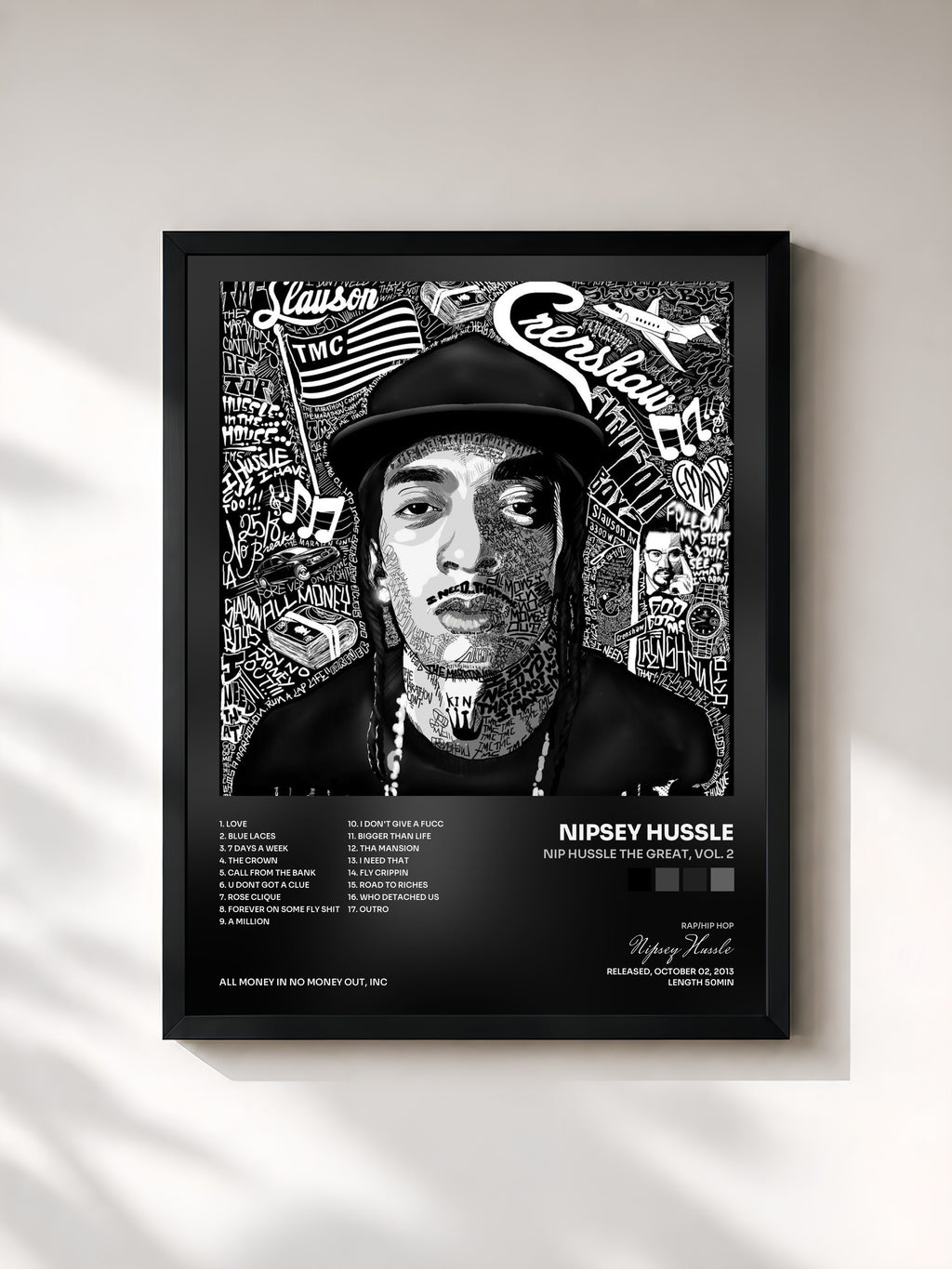 #noir Tableau de l'album Nip Hussle the Great, Vol. 2 de Nipsey Hussle, cadre noir, imprimé et encadré en France