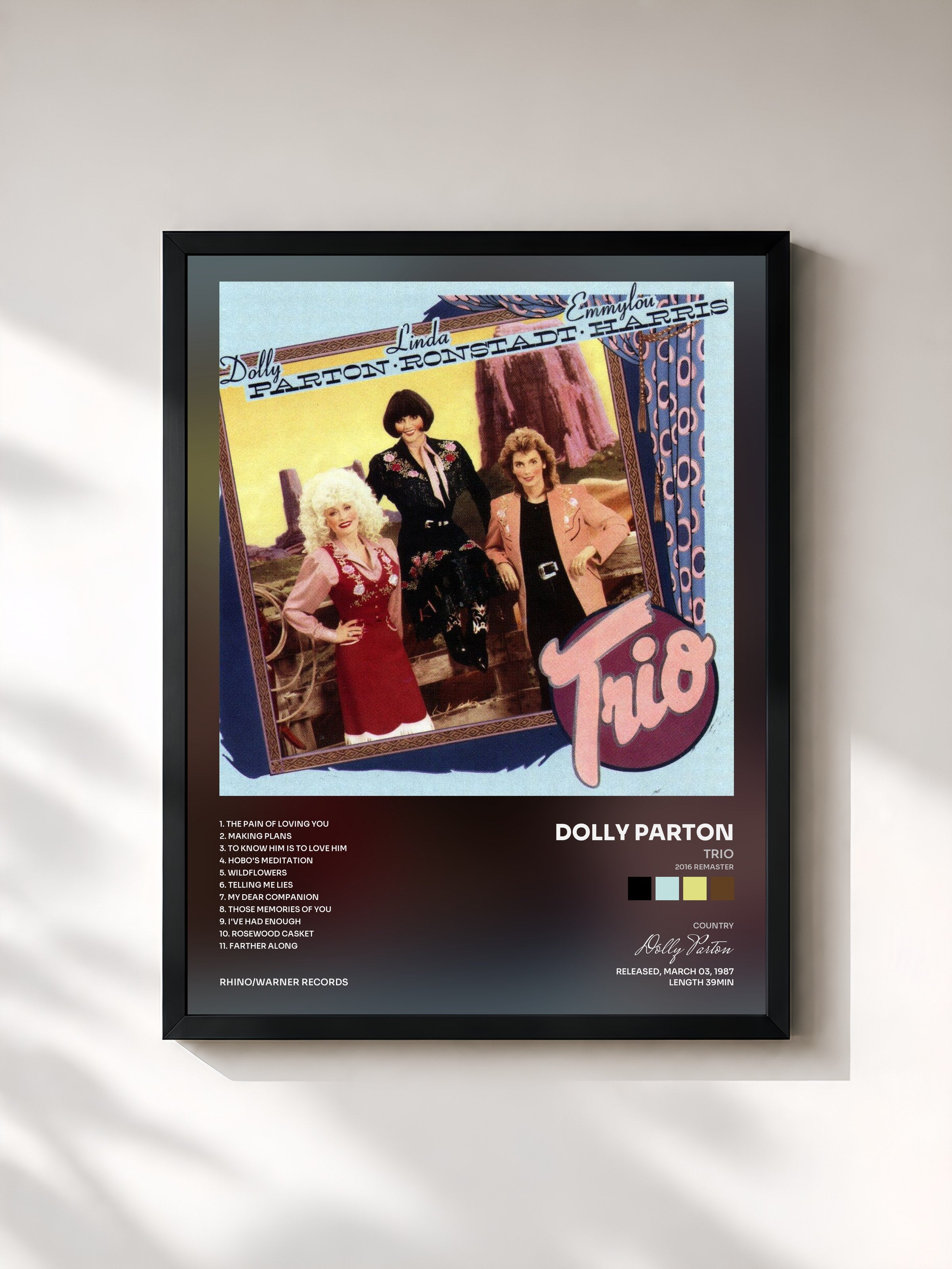 #noir Tableau de l'album Trio (2016 Remaster) de Dolly Parton, cadre noir, imprimé et encadré en France