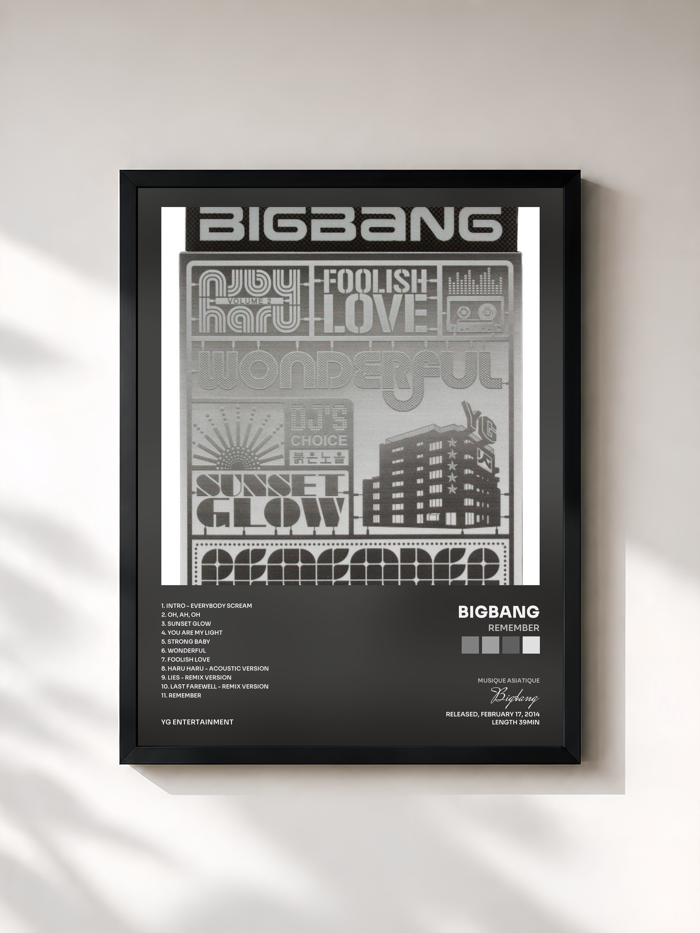 #noir Tableau de l'album Remember de Bigbang, cadre noir, imprimé et encadré en France