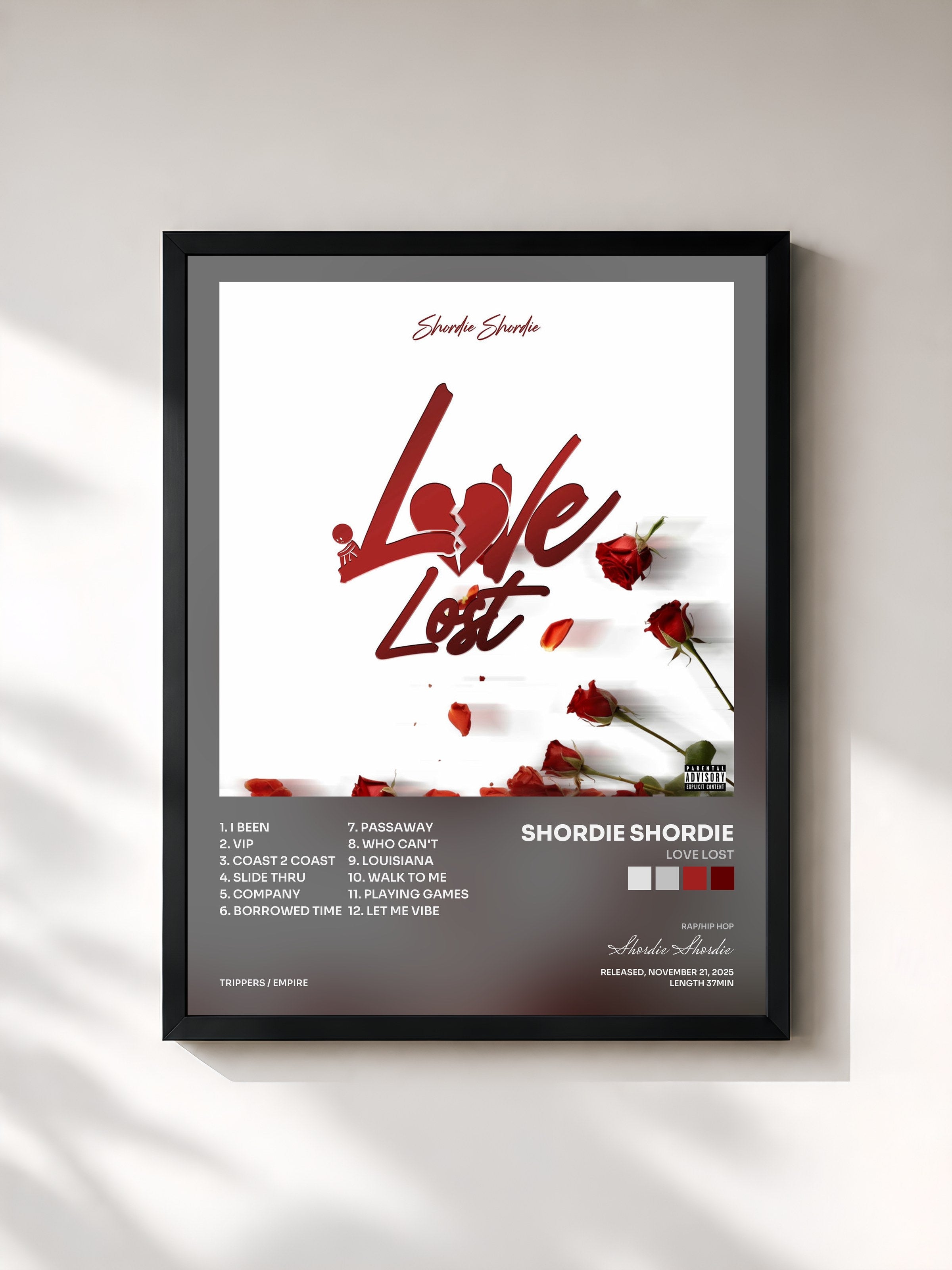 #noir Tableau de l'album Love Lost de Shordie Shordie, cadre noir, imprimé et encadré en France