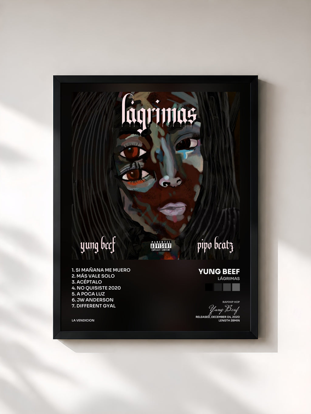 #noir Tableau de l'album Lágrimas de Yung Beef, cadre noir, imprimé et encadré en France