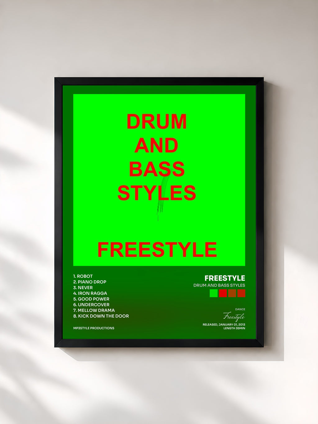 #noir Tableau de l'album Drum and bass STYLES de Freestyle, cadre noir, imprimé et encadré en France
