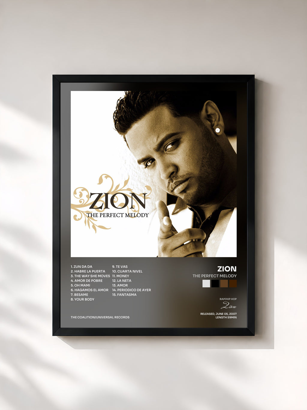 #noir Tableau de l'album The Perfect Melody de Zion, cadre noir, imprimé et encadré en France