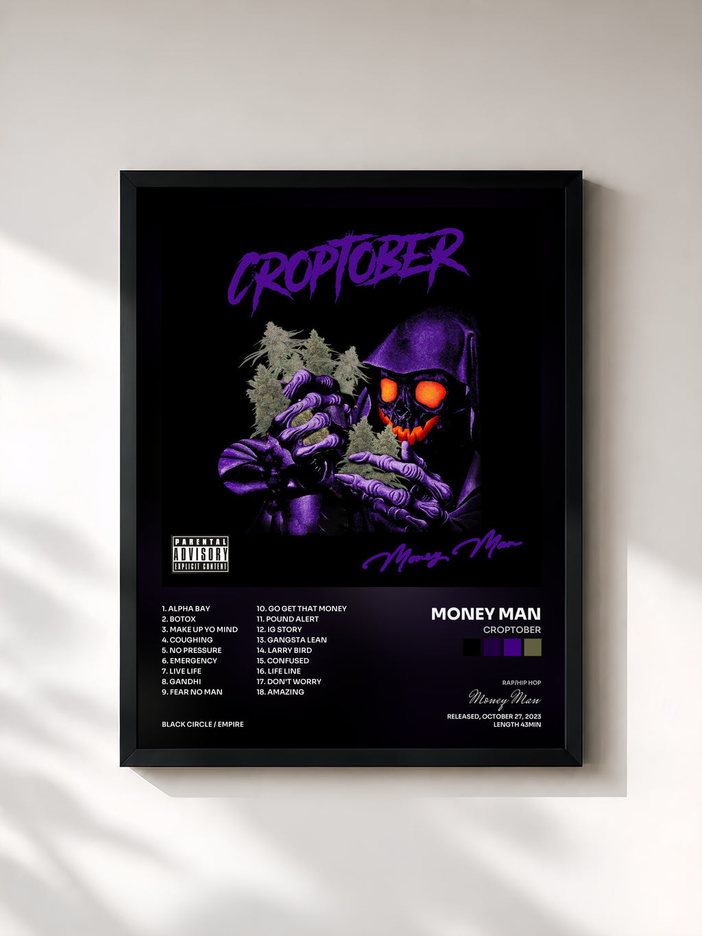 #noir Tableau de l'album CROPTOBER de Money Man, cadre noir, imprimé et encadré en France