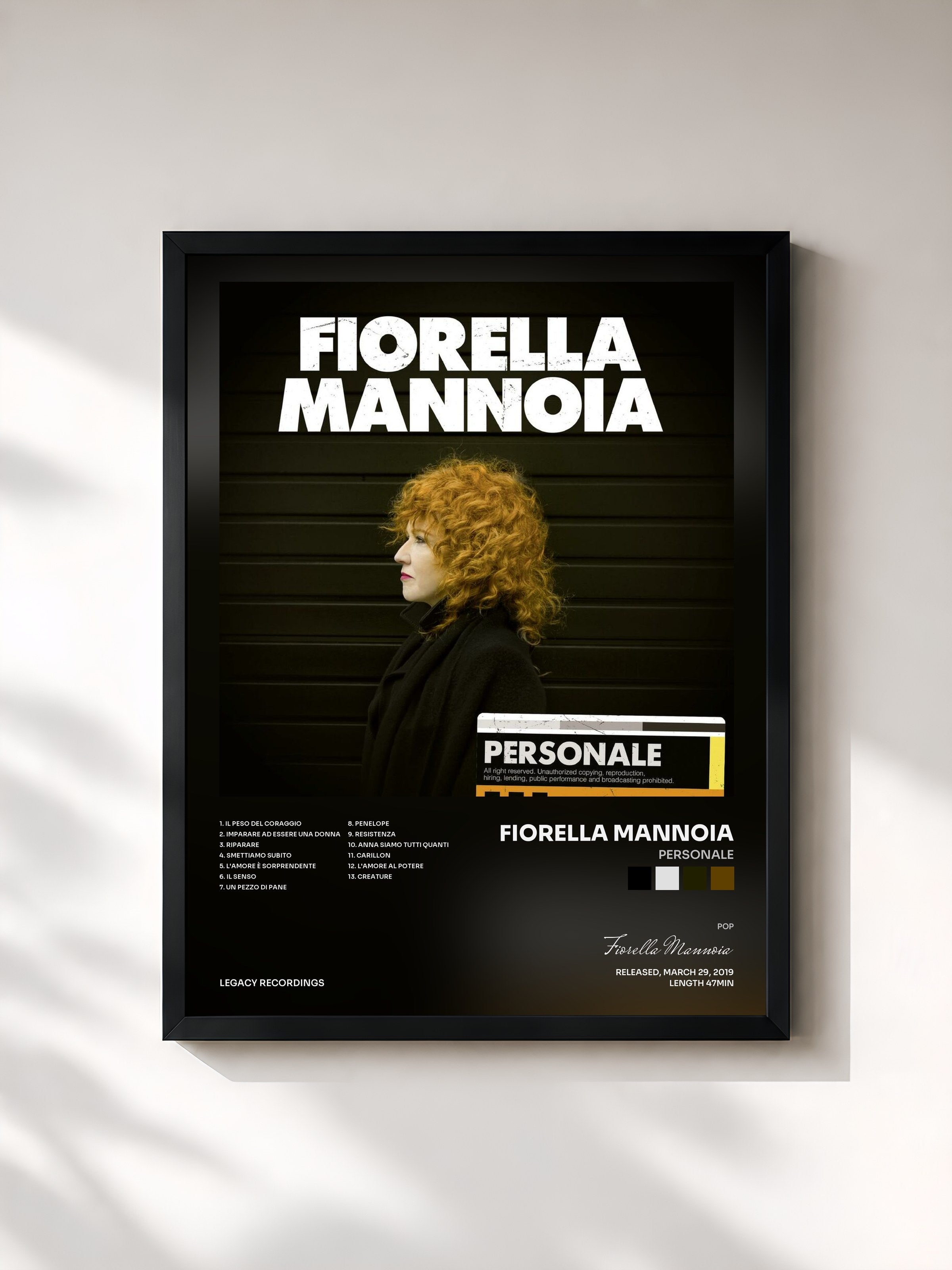 #noir Tableau de l'album Personale de Fiorella Mannoia, cadre noir, imprimé et encadré en France
