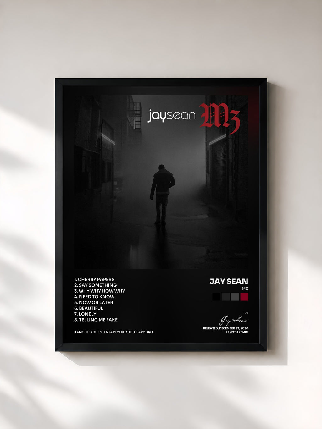 #noir Tableau de l'album M3 de Jay Sean, cadre noir, imprimé et encadré en France