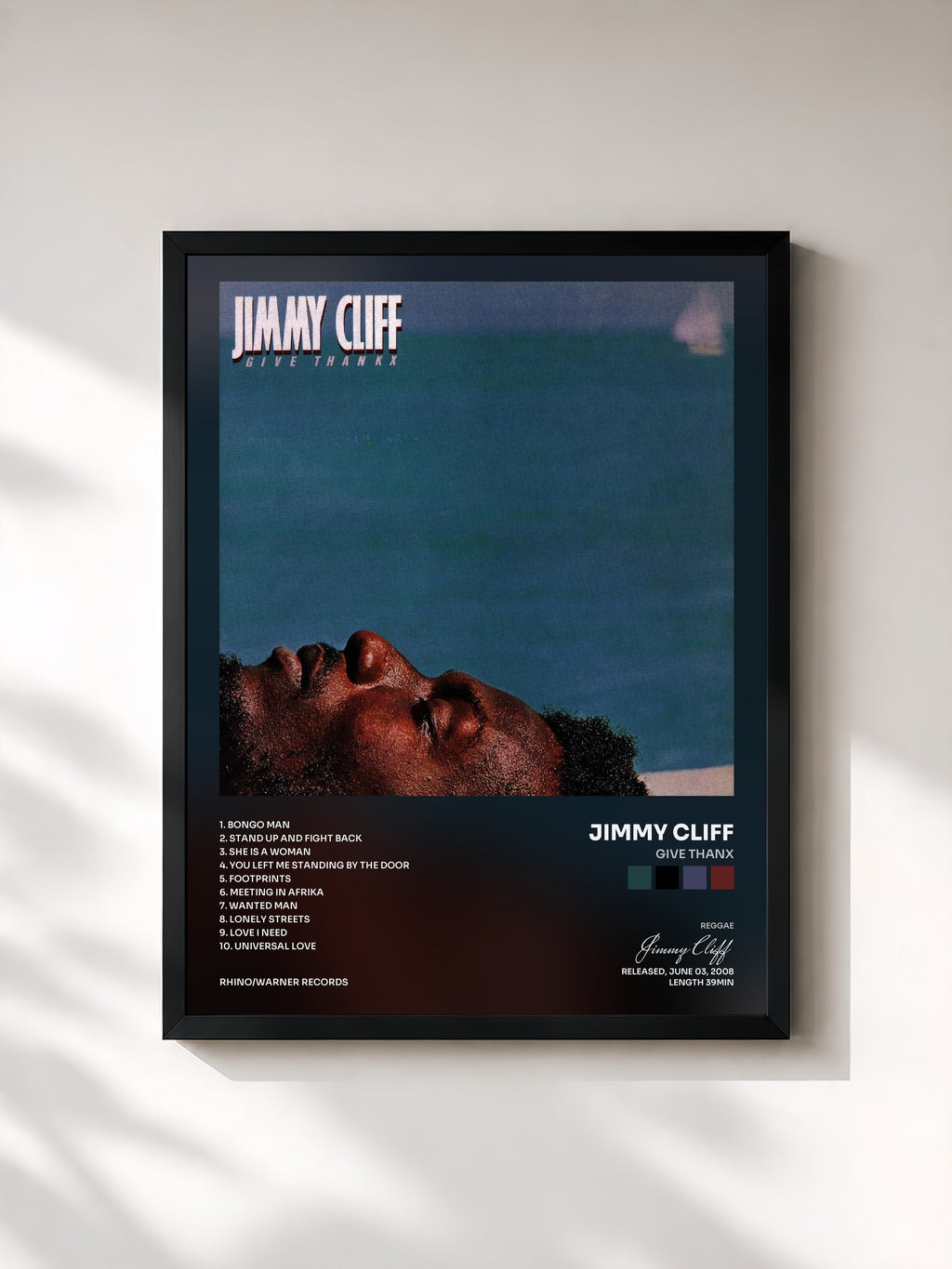 #noir Tableau de l'album Give Thanx de Jimmy Cliff, cadre noir, imprimé et encadré en France