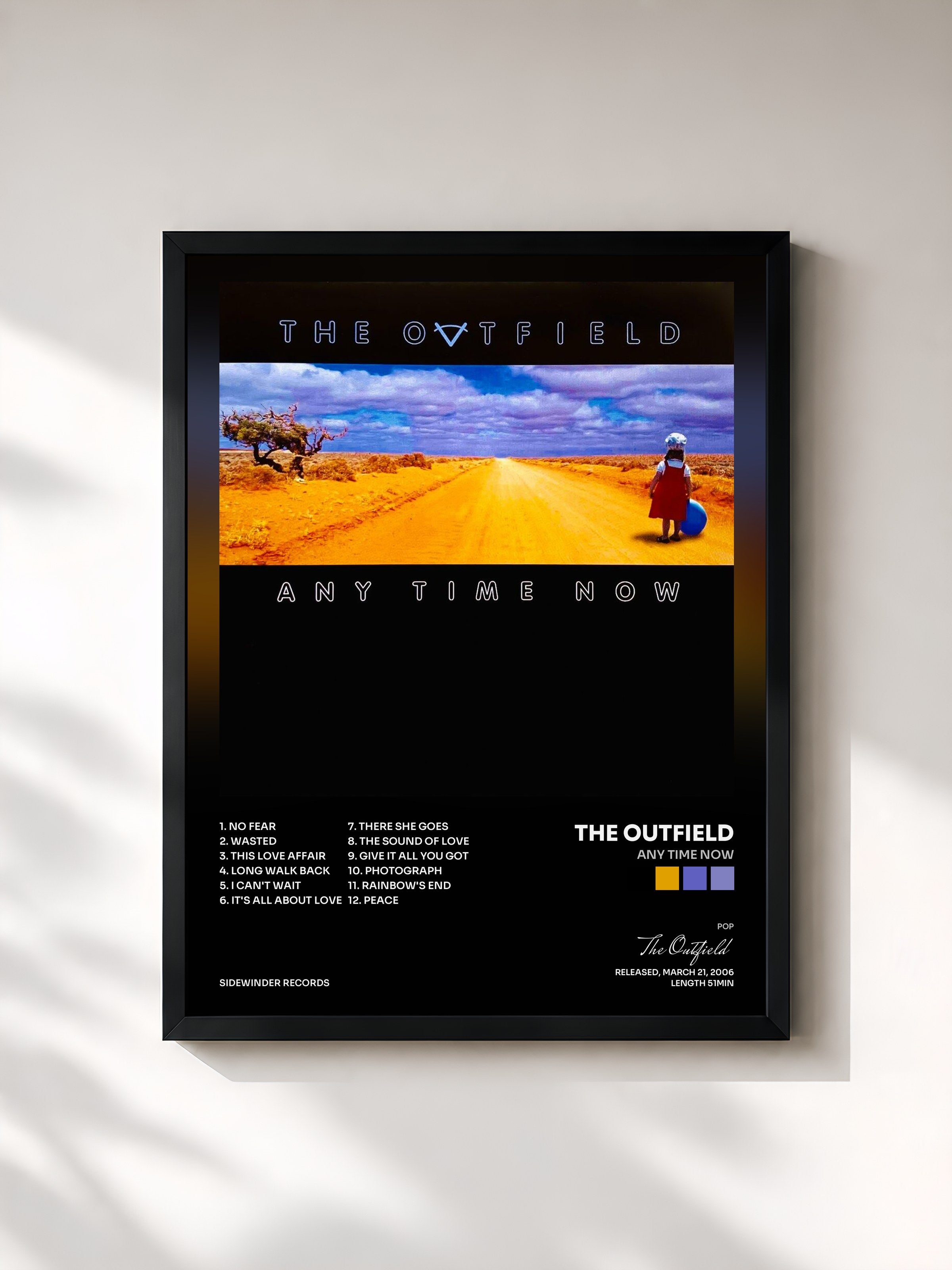 #noir Tableau de l'album Any Time Now de The Outfield, cadre noir, imprimé et encadré en France