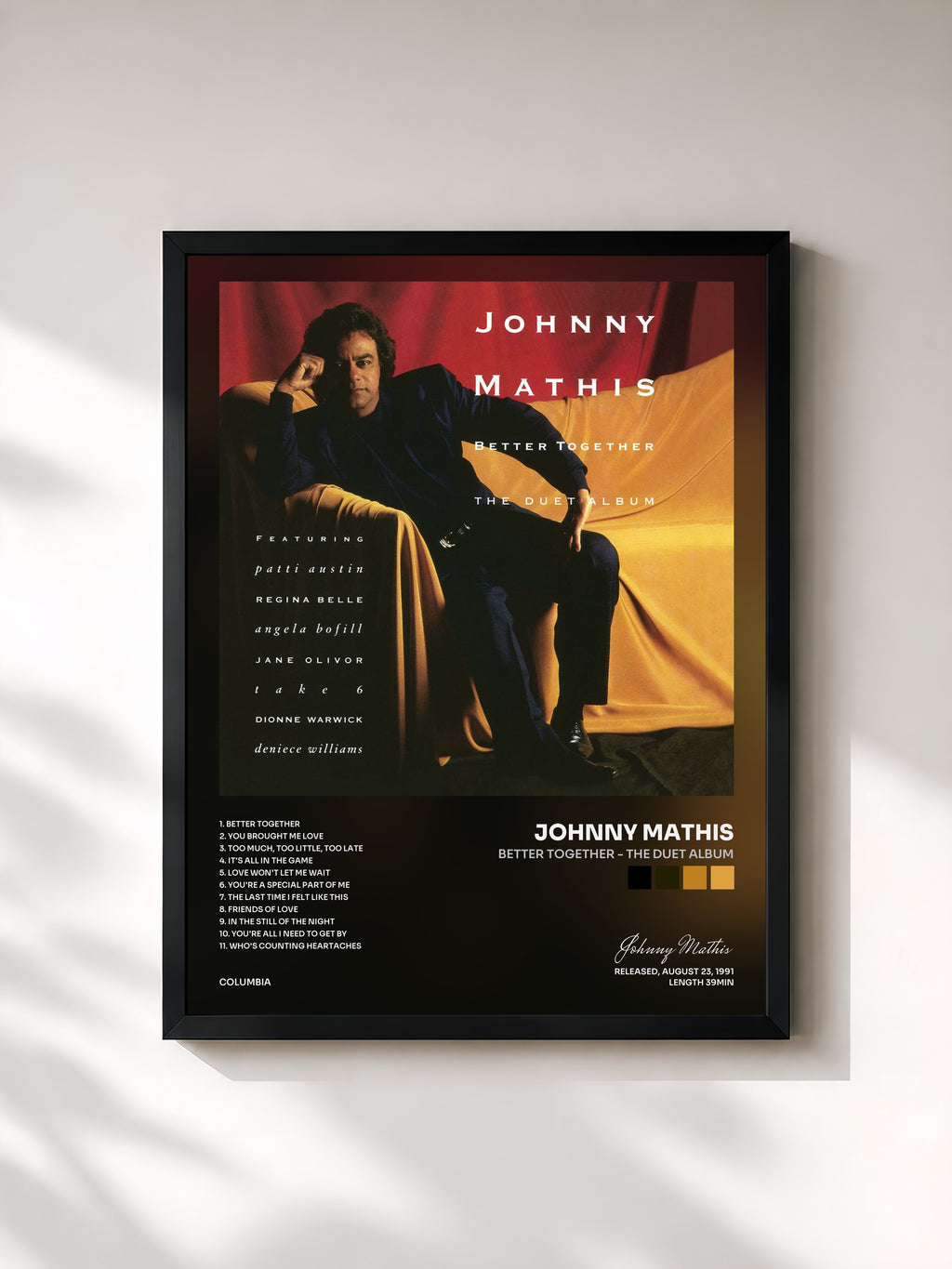 #noir Tableau de l'album Better Together - The Duet Album de Johnny Mathis, cadre noir, imprimé et encadré en France