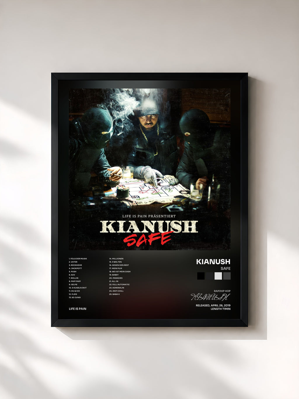 #noir Tableau de l'album Safe de KIANUSH, cadre noir, imprimé et encadré en France