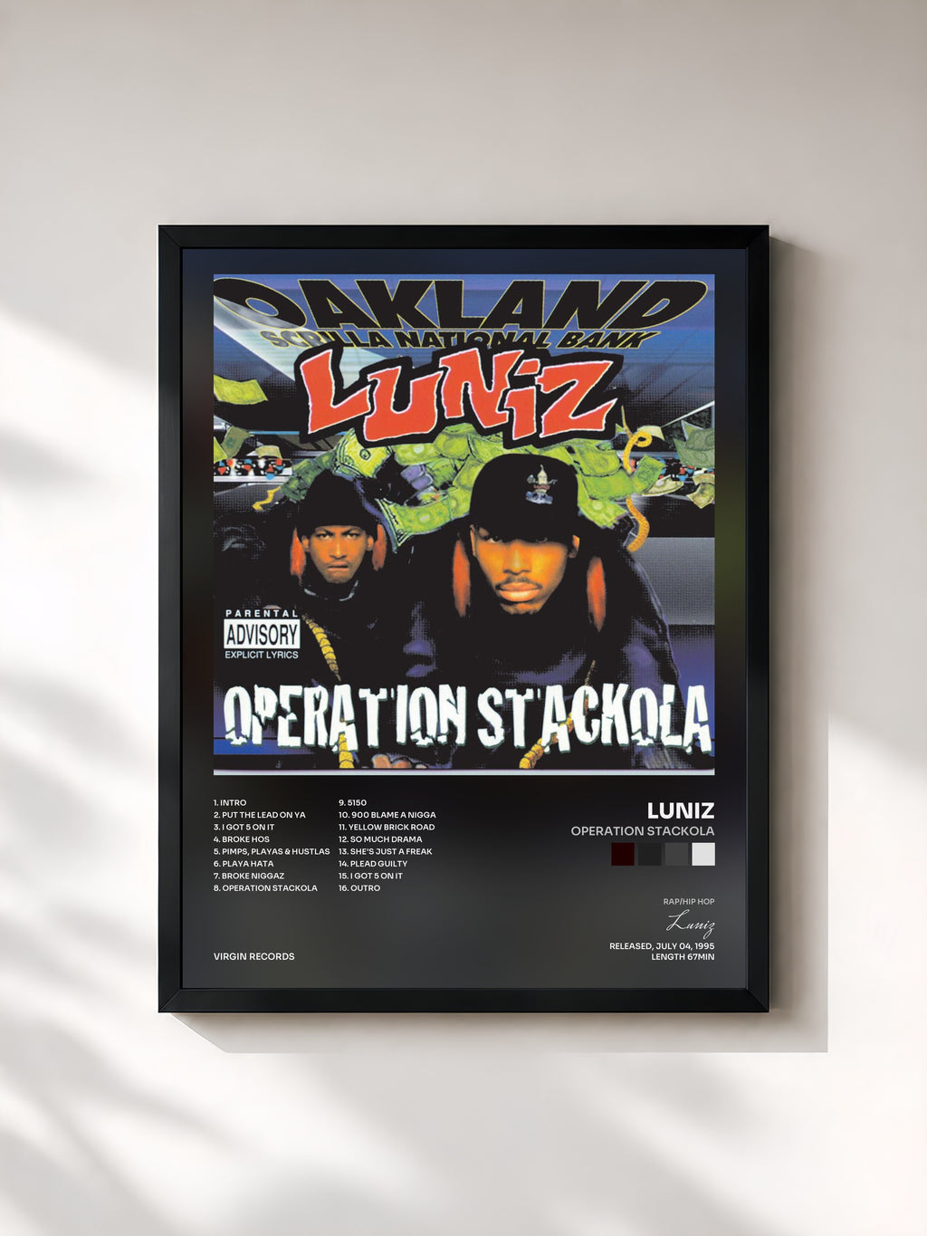 #noir Tableau de l'album Operation Stackola de Luniz, cadre noir, imprimé et encadré en France