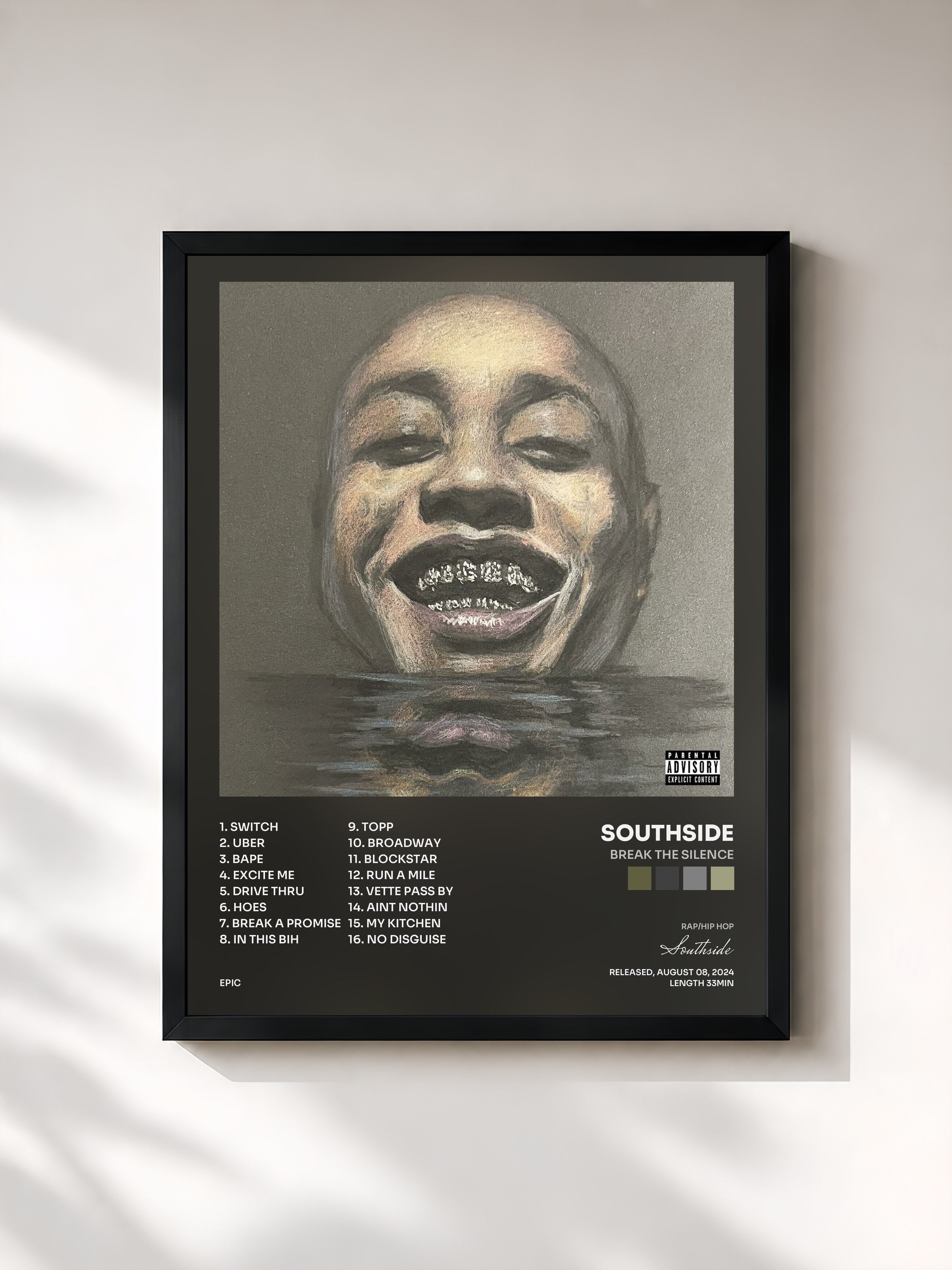 #noir Tableau de l'album BREAK THE SILENCE de Southside, cadre noir, imprimé et encadré en France