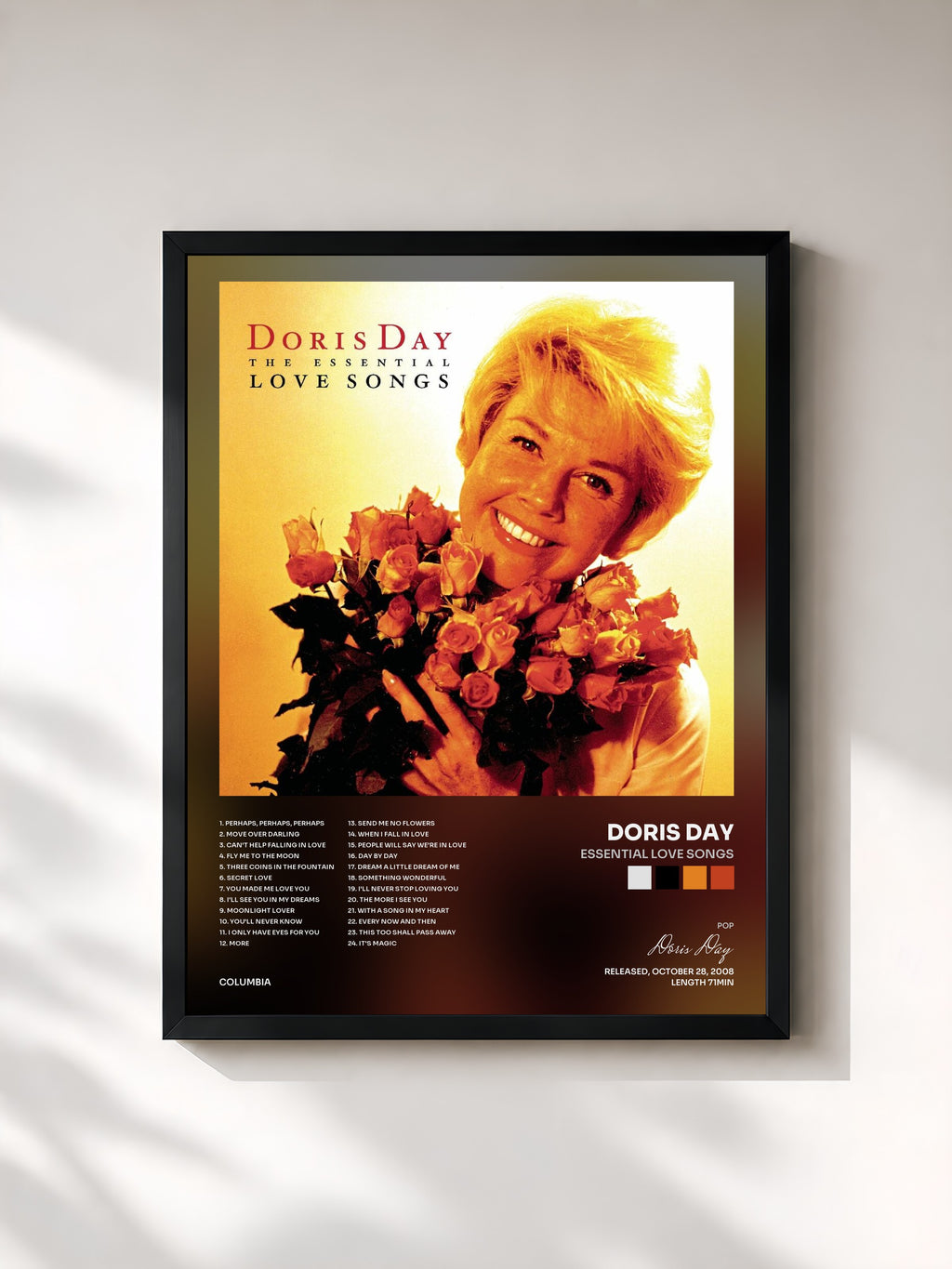 #noir Tableau de l'album Essential Love Songs de Doris Day, cadre noir, imprimé et encadré en France