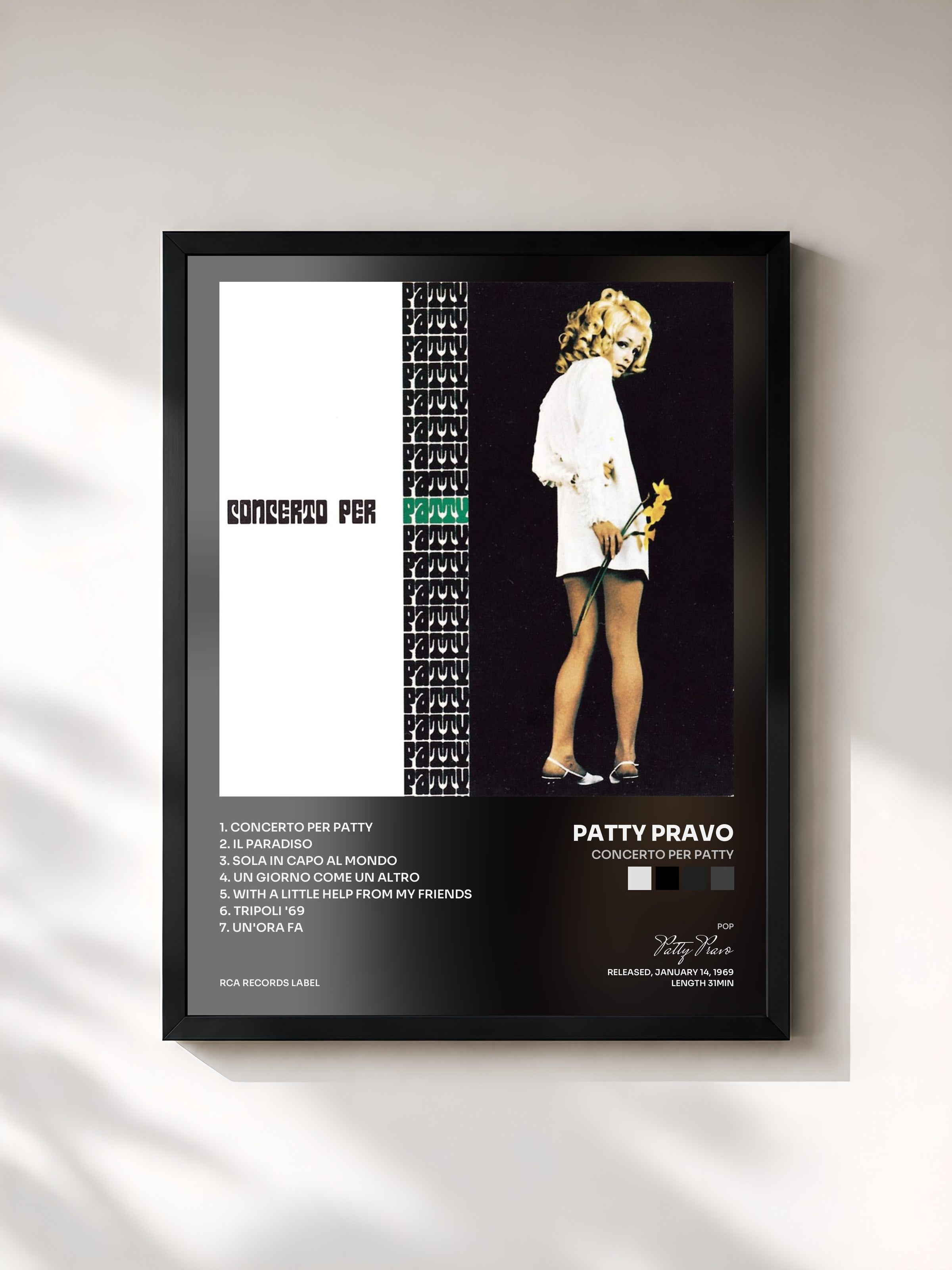 #noir Tableau de l'album Concerto Per Patty de Patty Pravo, cadre noir, imprimé et encadré en France
