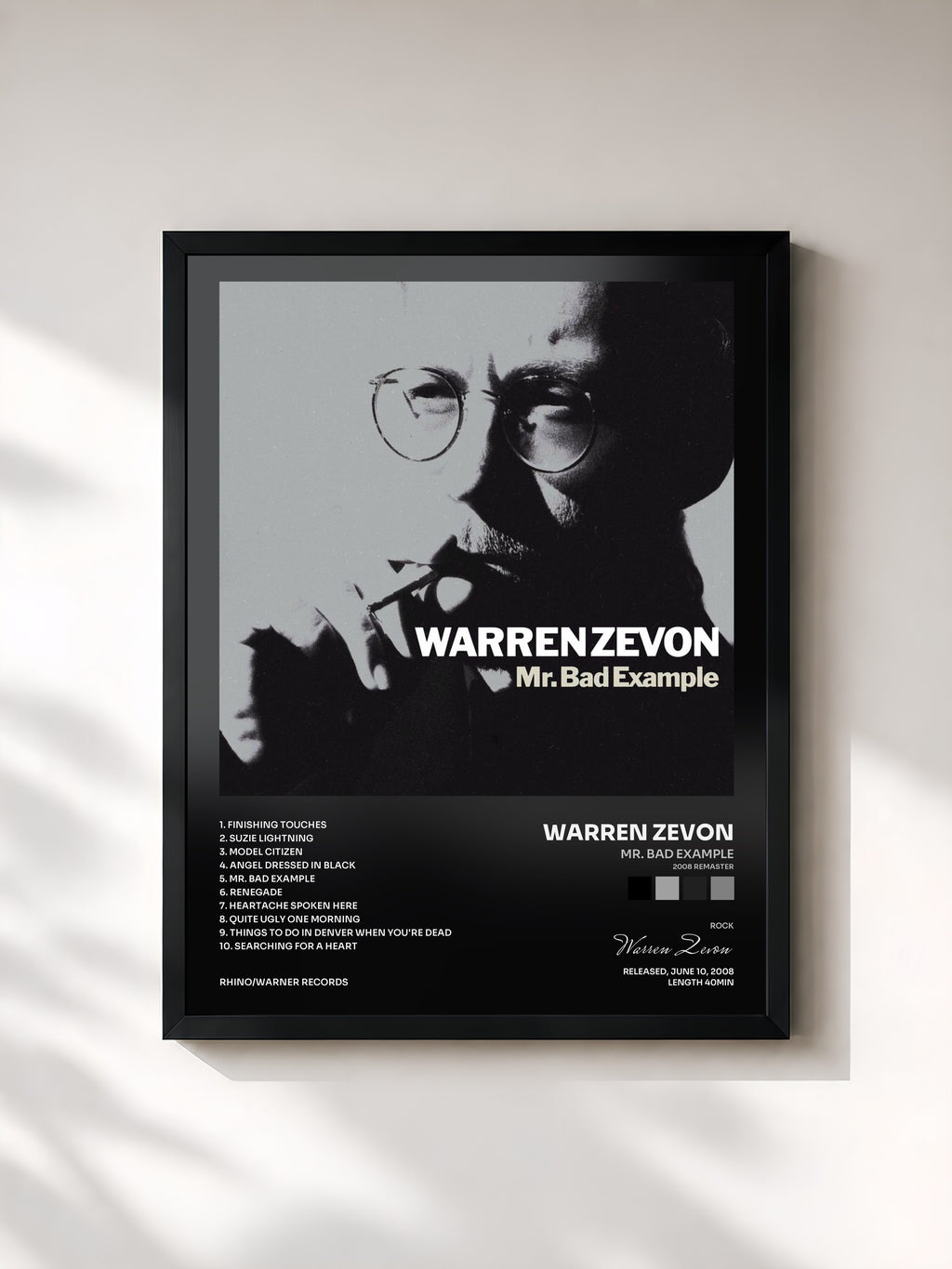 #noir Tableau de l'album Mr. Bad Example (2008 Remaster) de Warren Zevon, cadre noir, imprimé et encadré en France