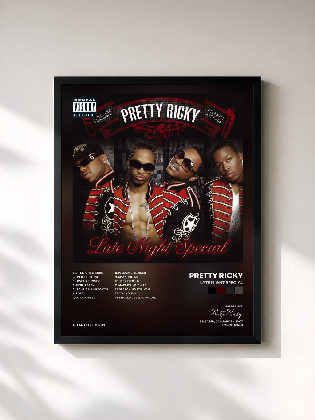 #noir Tableau de l'album Late Night Special de Pretty Ricky, cadre noir, imprimé et encadré en France