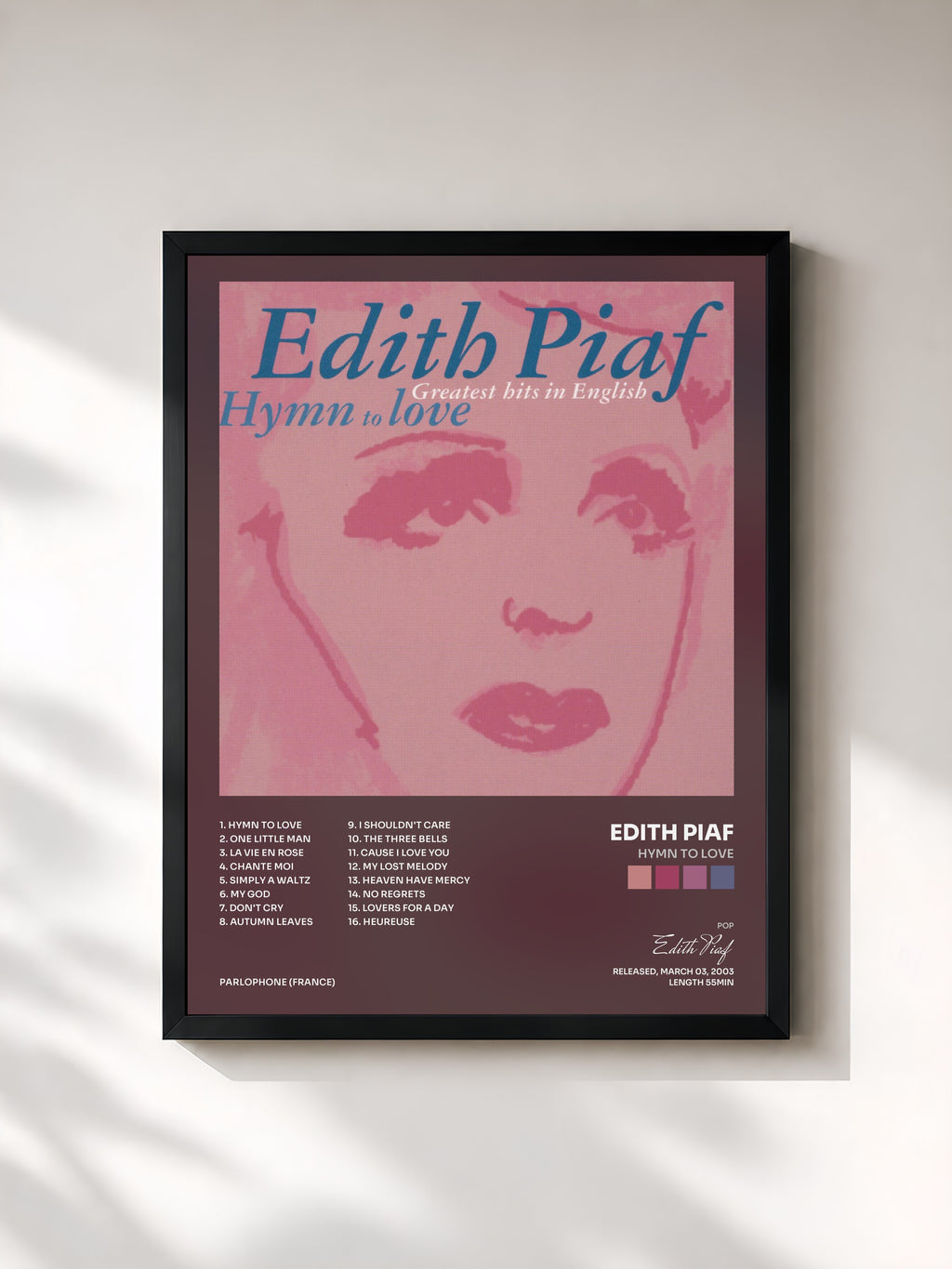 #noir Tableau de l'album hymn to love de Edith Piaf, cadre noir, imprimé et encadré en France
